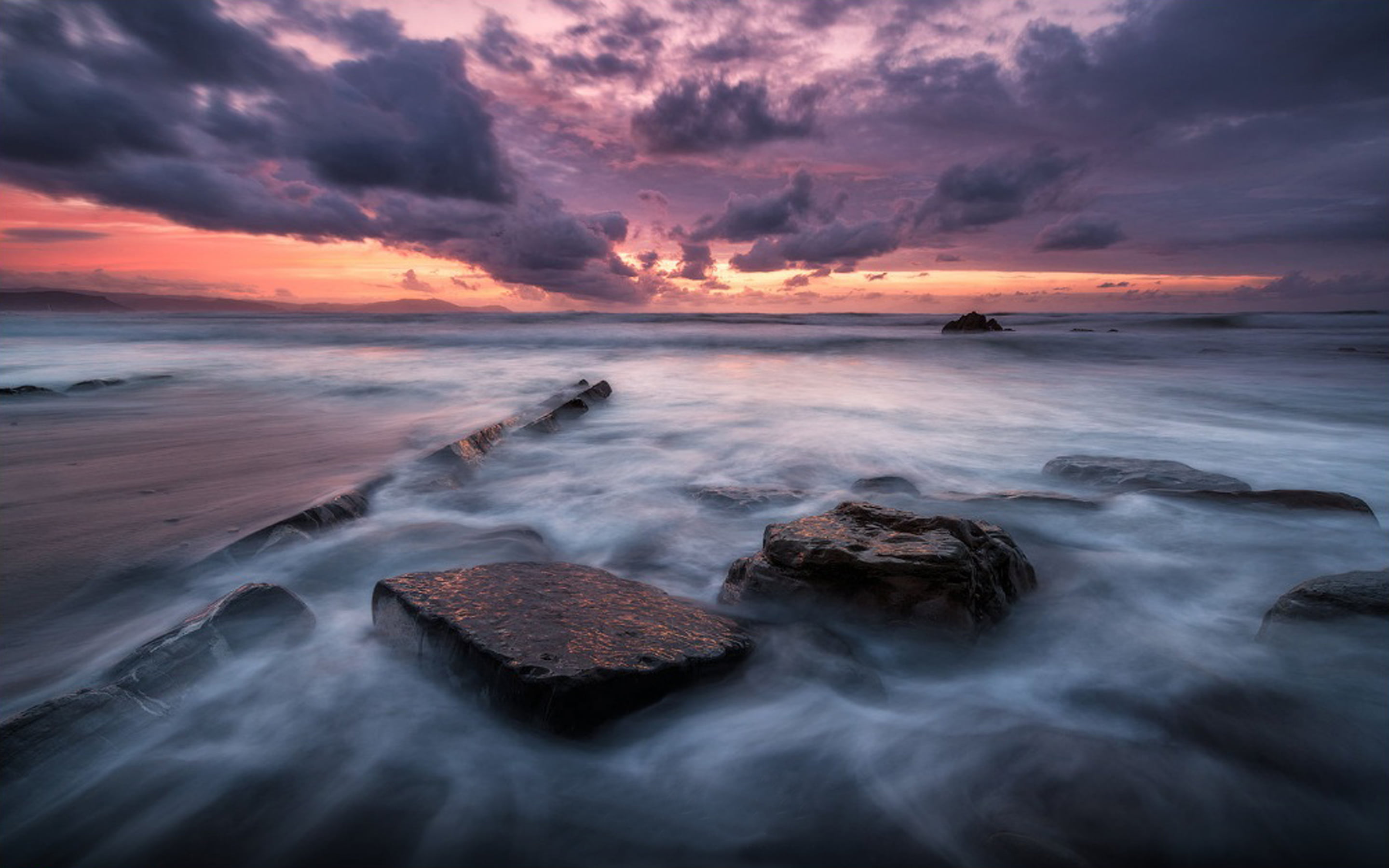 horizon over water, blurred motion, sky, outdoors, sunset, coast, red, rock, no people, power in nature, rocks, nature, land, cloud - sky, beach, HD Wallpaper