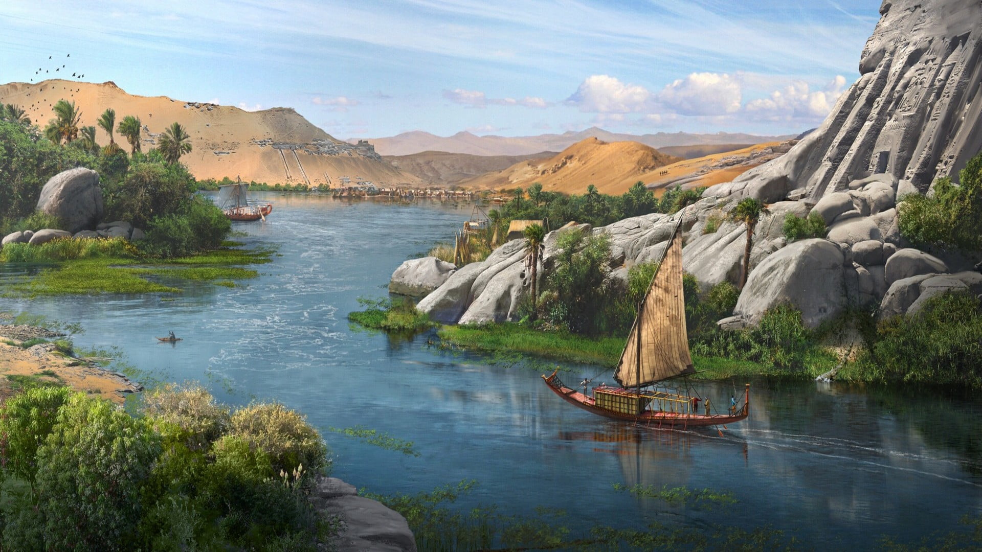 Landscape, 1080P, Fantasy, River, Ship, Nile, HD Wallpaper