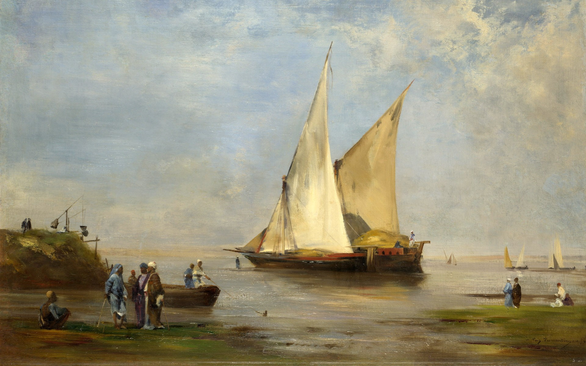 Eugène Fromentin, boat, sky, nautical vessel, sailboat, architecture, classic art, group of people, religion, transportation, nature, day, place of worship, HD Wallpaper