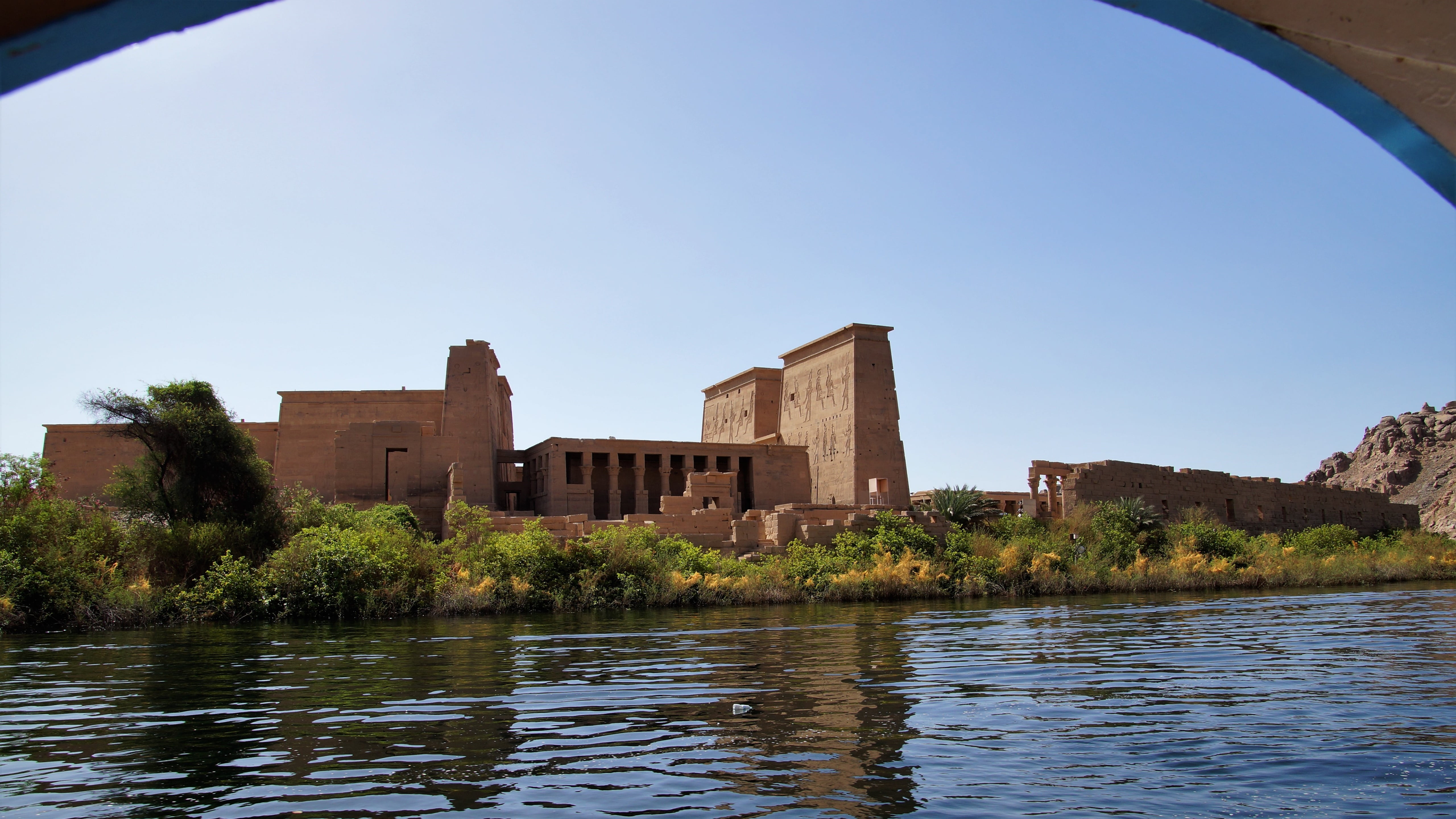 nature, building exterior, no people, history, nile, built structure, water, day, 5K, house, building, temple, river, waterfront, blue, egypt, tree, sky, HD Wallpaper
