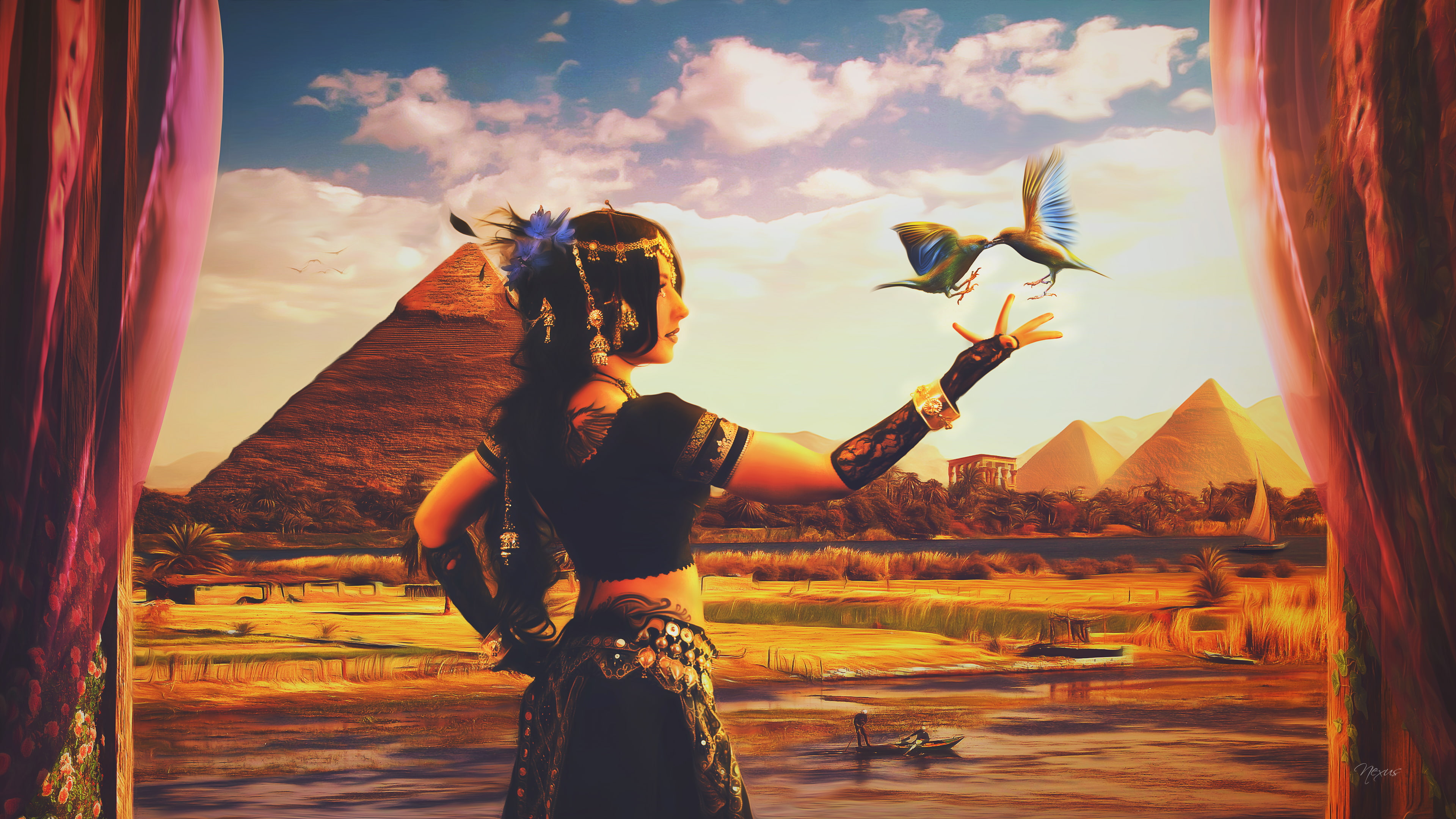 Fantasy, Pyramid, Dancer, Arabic, Egyptian, Egypt, Desert, Oriental, 4K, Magic, Nile, Bird, Digital Art, HD Wallpaper