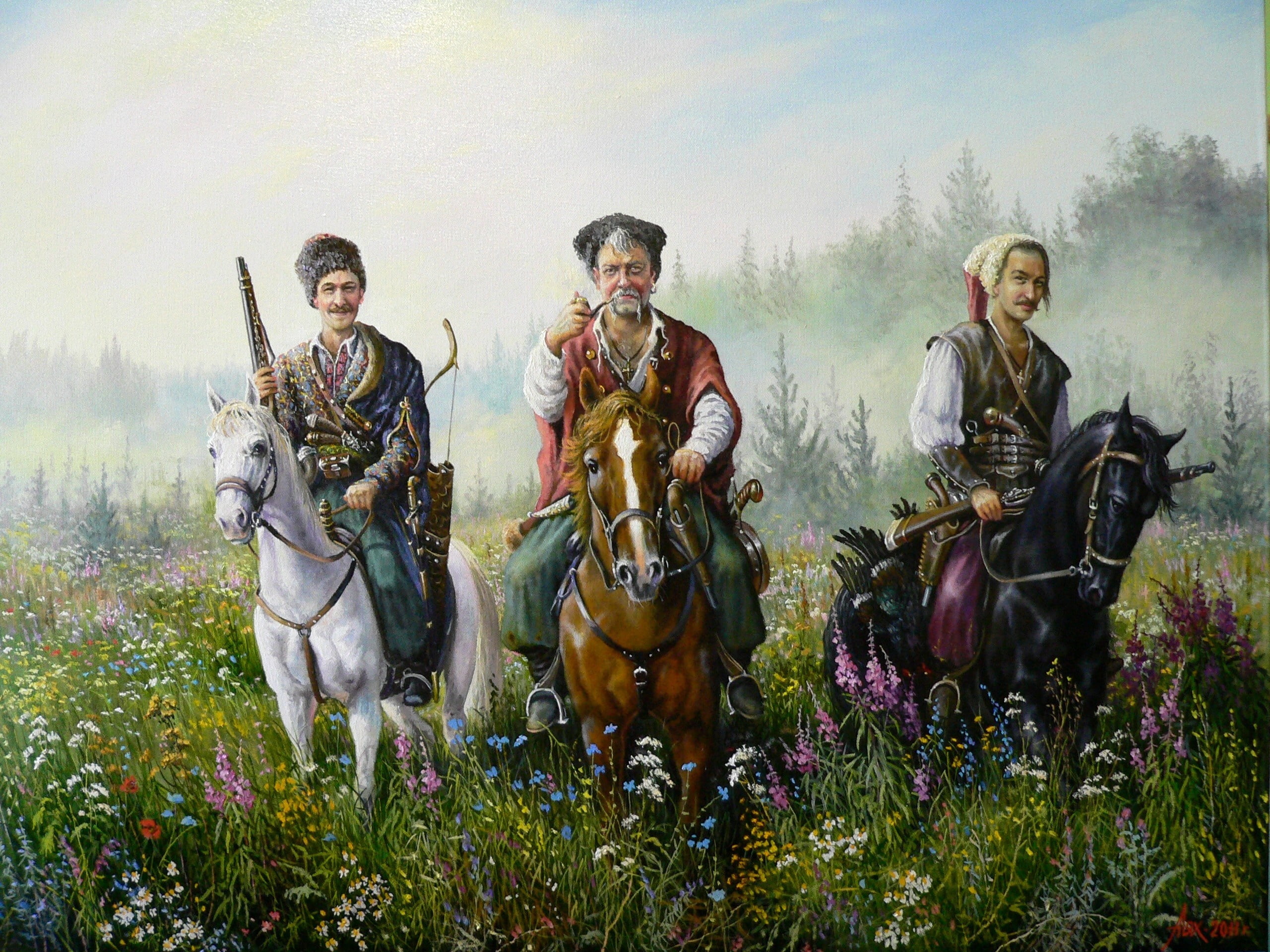 horseback Riding, domestic animals, animal wildlife, mammal, domestic, smile, field, women, three, horses, weapon, 2K, Andrey Lyakh, conflict, plant, men, HD Wallpaper