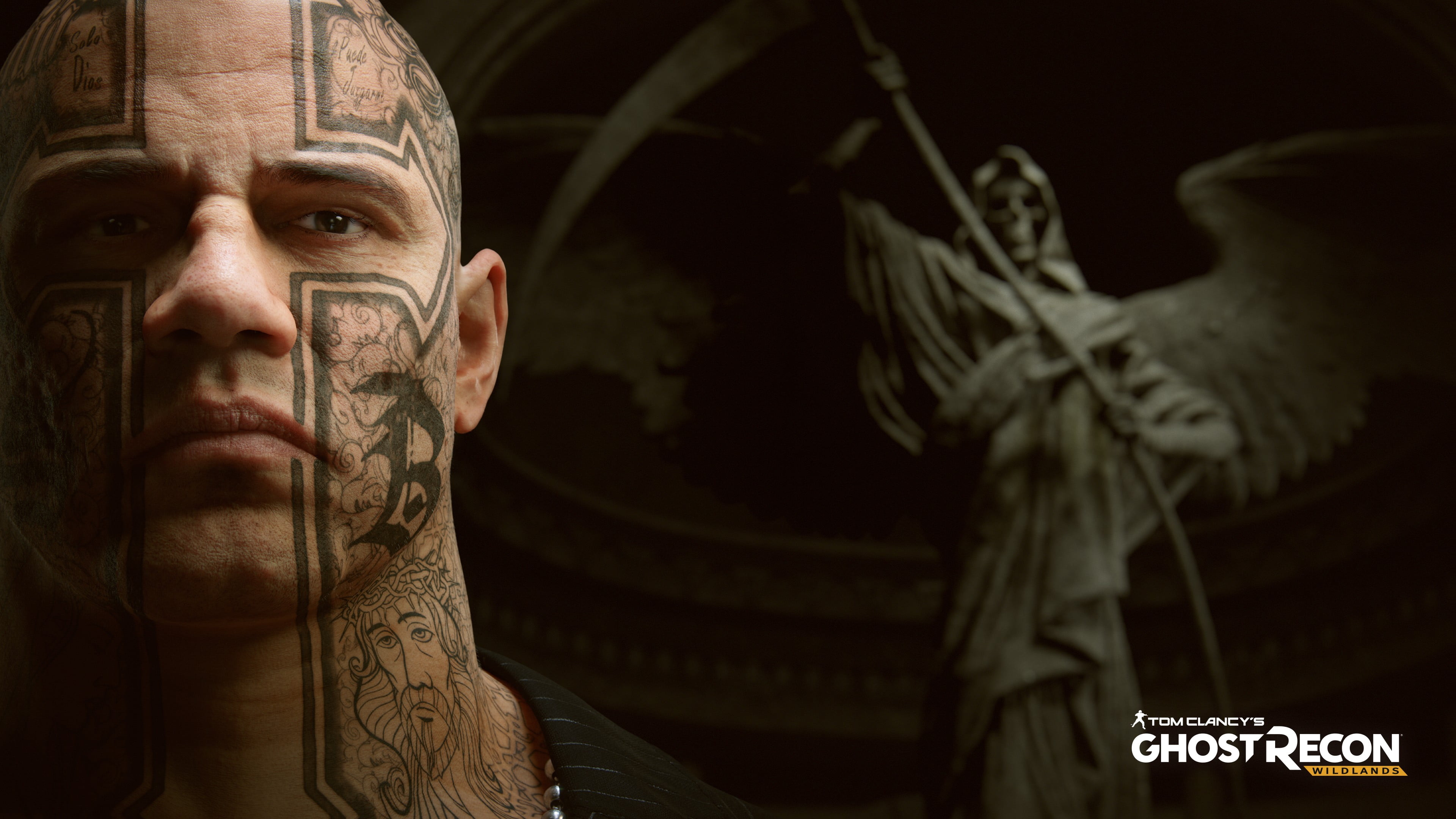 architecture, art and craft, Tom Clancys Ghost Recon: Wildlands, government, floral, adult, white, one person, headshot, representation, black background, HD Wallpaper
