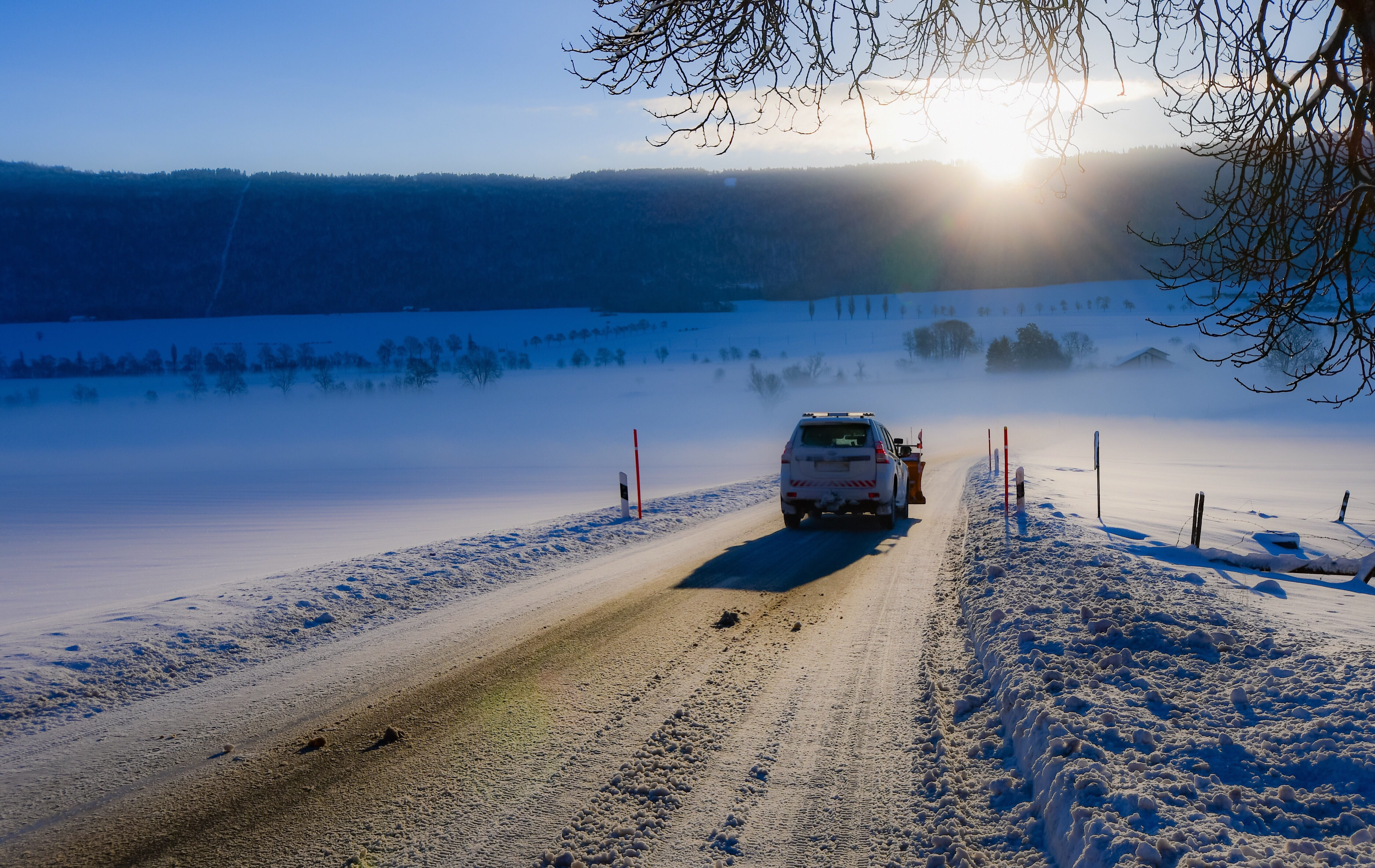 cold, landscape, snow, winter, rural, tree, beauty in nature, motor vehicle, scenics - nature, nature, snow thrower, switzerland, no people, neuchâtel, HD Wallpaper