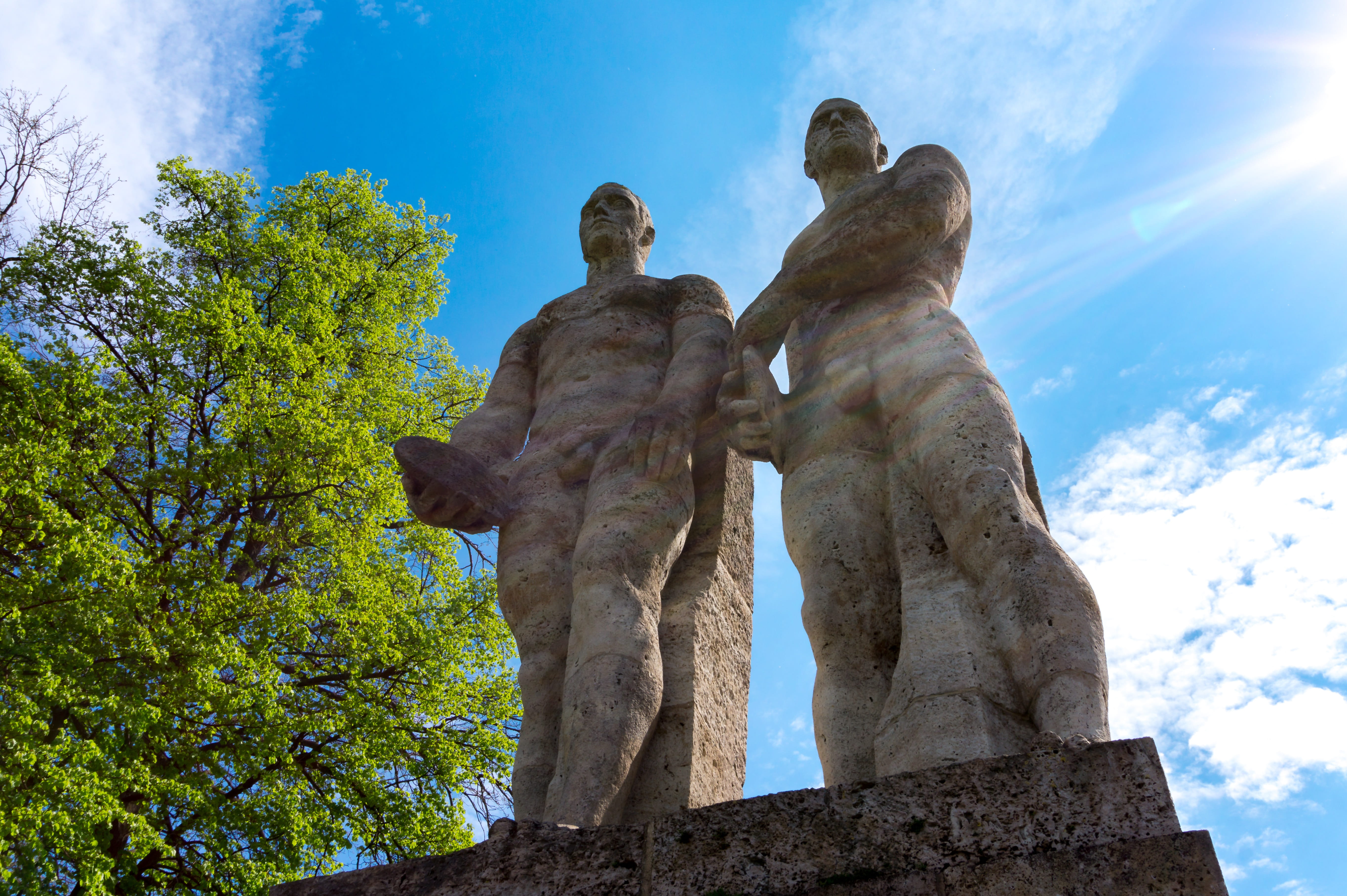 representation, emotion, architecture, plant, nature, sky, discus thrower, sculpture, cloud - sky, statue, day, the olympic park berlin, no people, human representation, HD Wallpaper