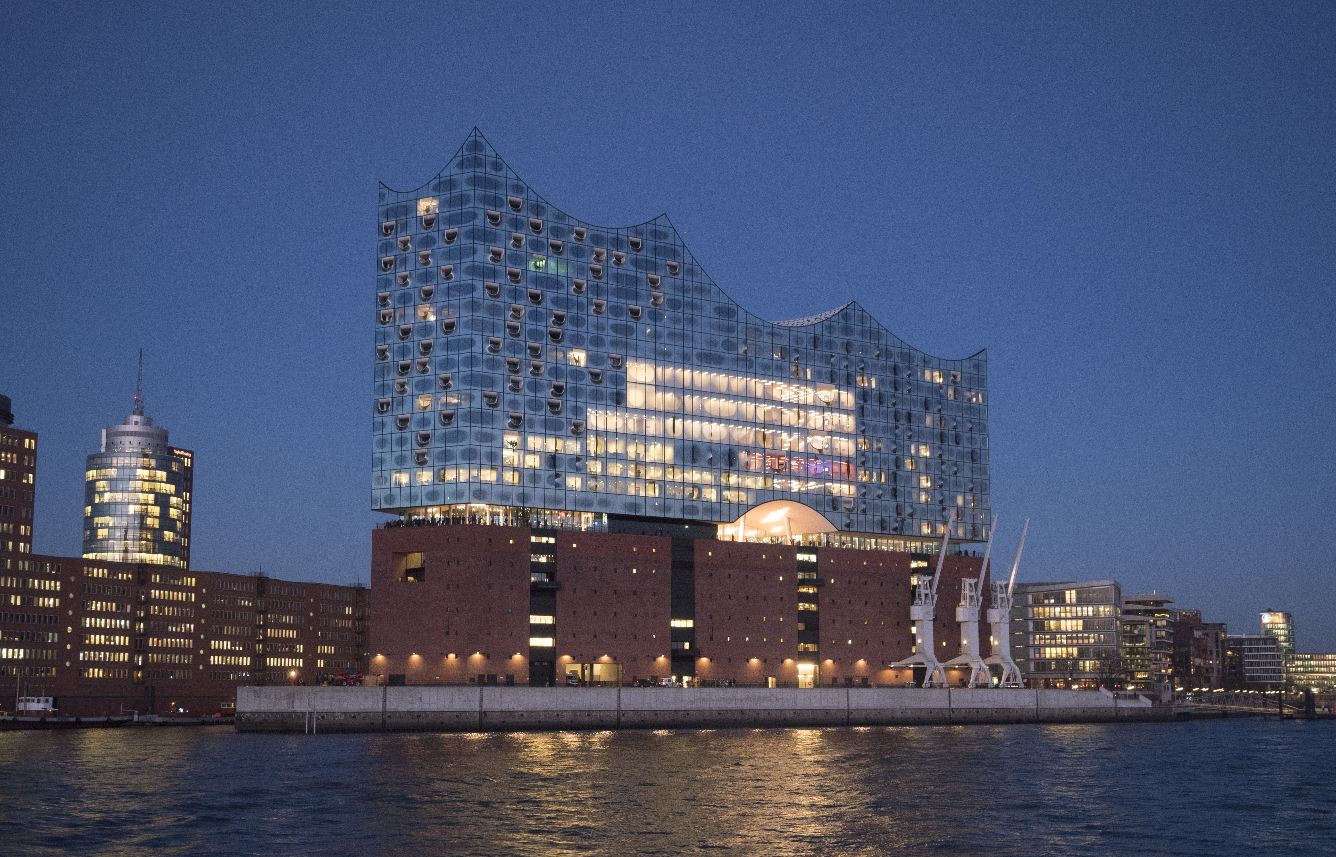 dusk, sky, architecture, speicherstadt, clear sky, cityscape, herzog de meuron, illuminated, landmark, Hamburg, building exterior, no people, Harbour City, HD Wallpaper