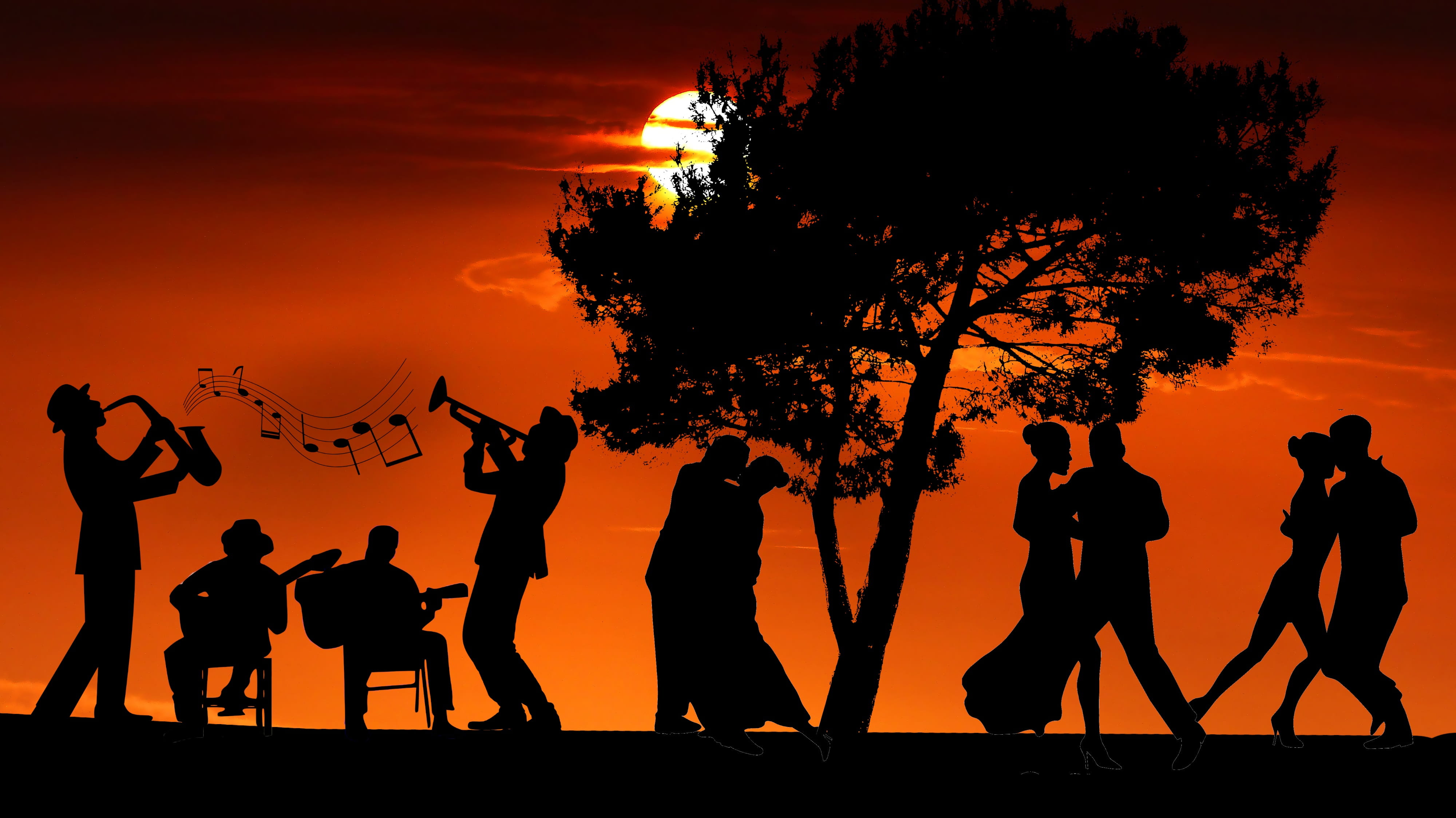 real people, child, orange color, group of people, medium group of people, sunset, people, plant, males, guitar, men, 4K, tree, group, togetherness, leisure activity, HD Wallpaper