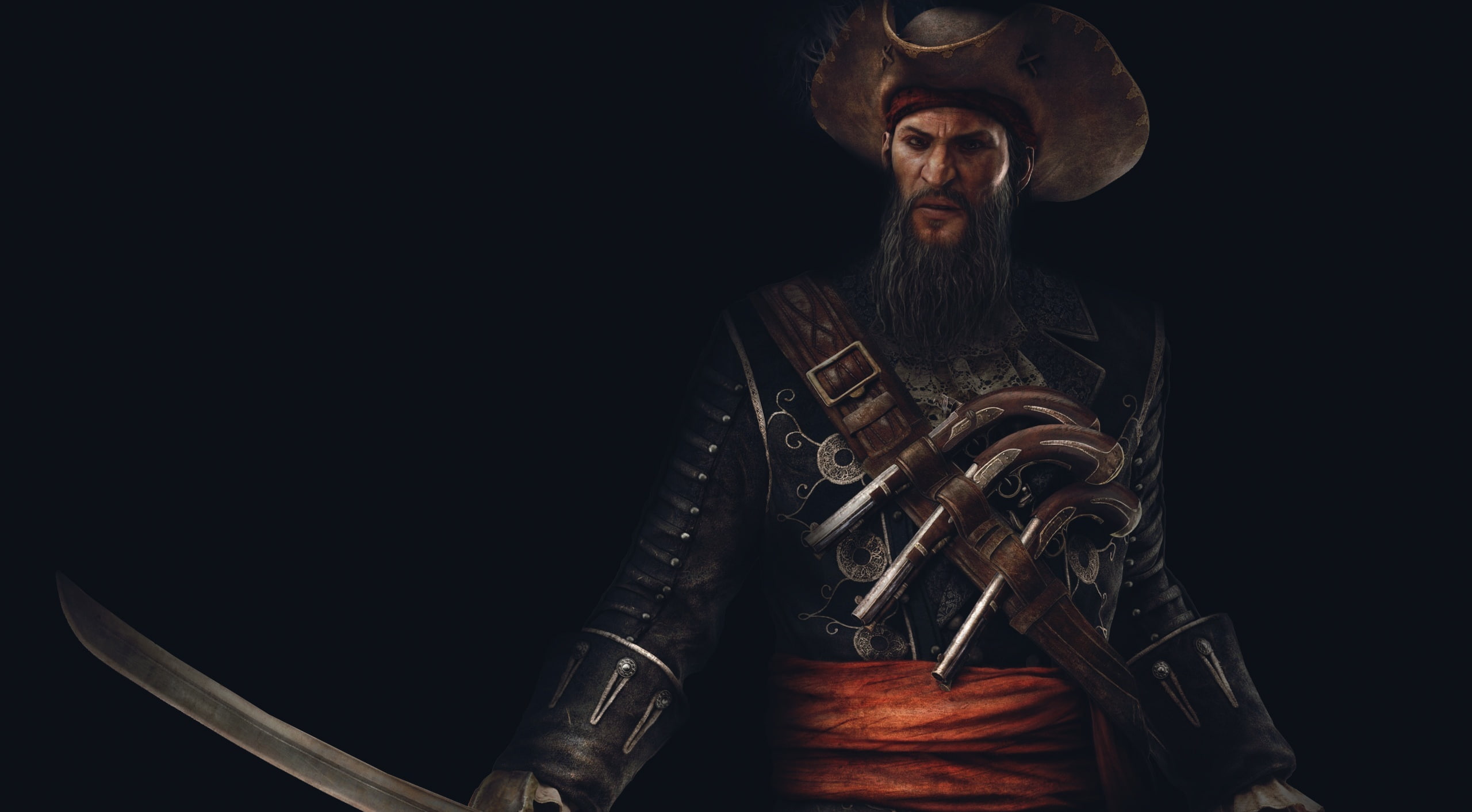 leather, front view, 2K, males, men, aggression, assassins, looking at camera, dark, iv, adult, portrait, pirate, flintlocks, clothing, creed, facial hair, HD Wallpaper
