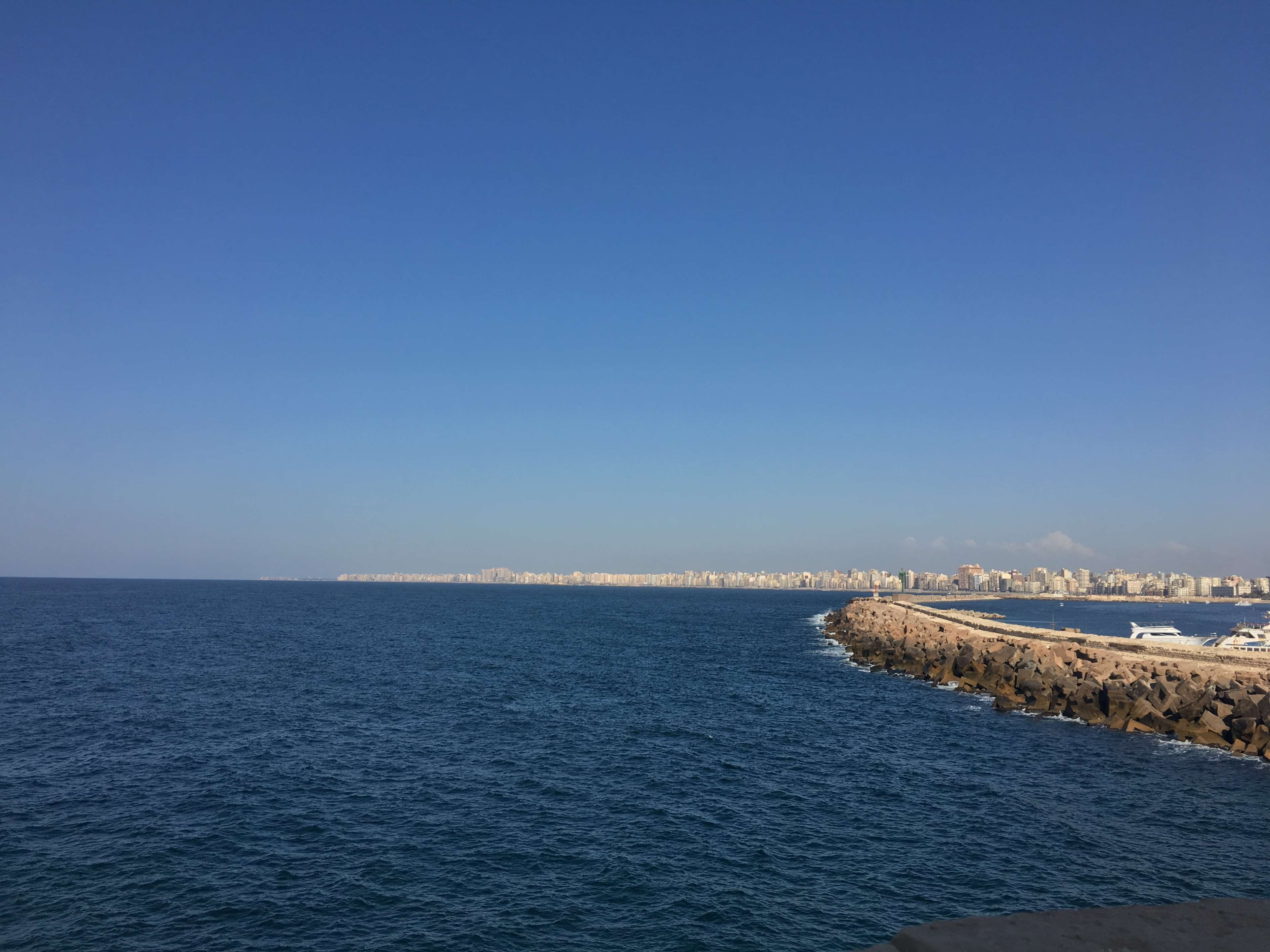 day, tranquility, architecture, sea, tranquil scene, land, transportation, horizon over water, built structure, copy space, egypt, clear sky, 4K, alexandria, HD Wallpaper