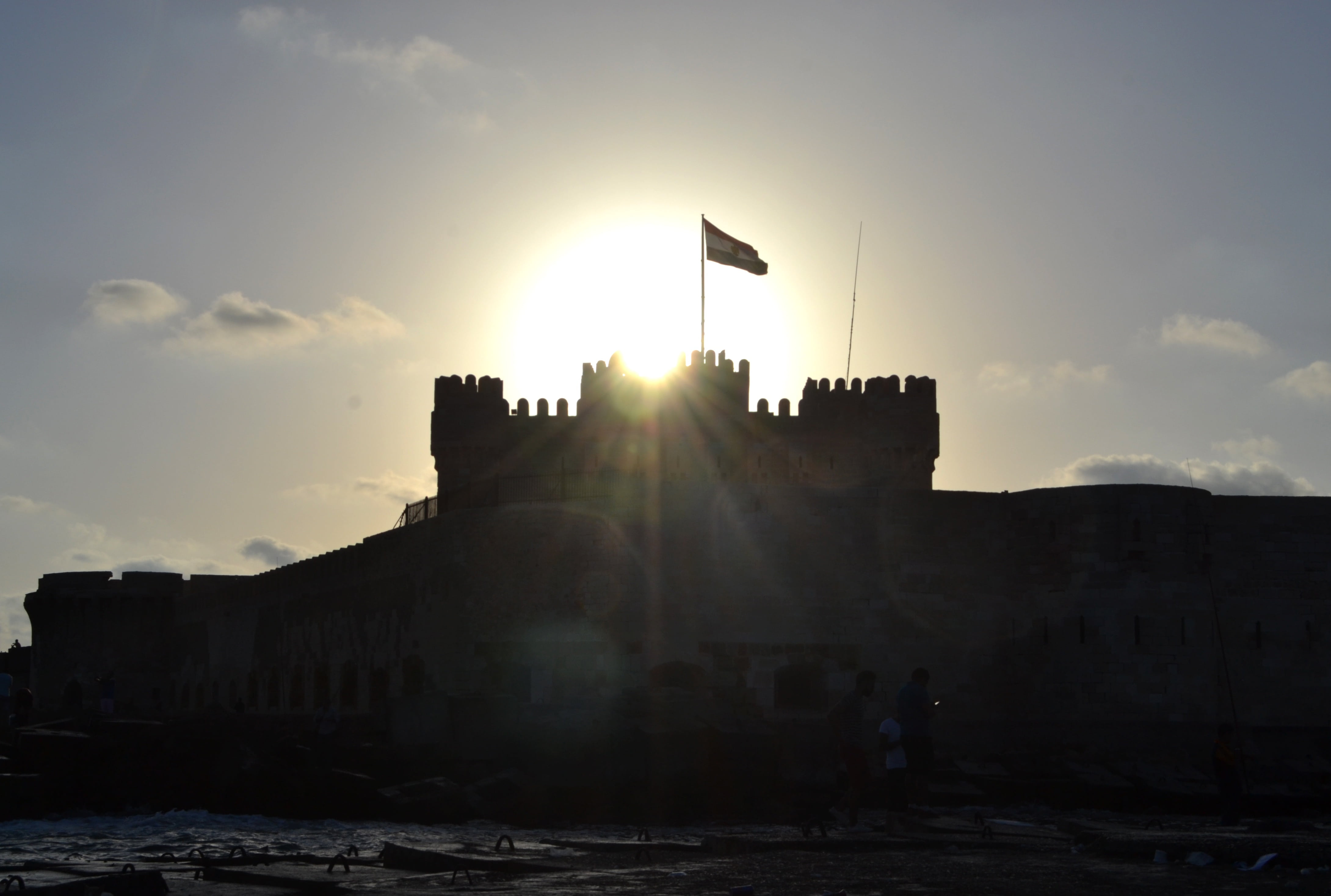 architecture, castle, nature, water, building exterior, sunset, sun, sky, lens flare, 4K, egypt, sunbeam, history, alexandria, tourism, silhouette, travel destinations, HD Wallpaper