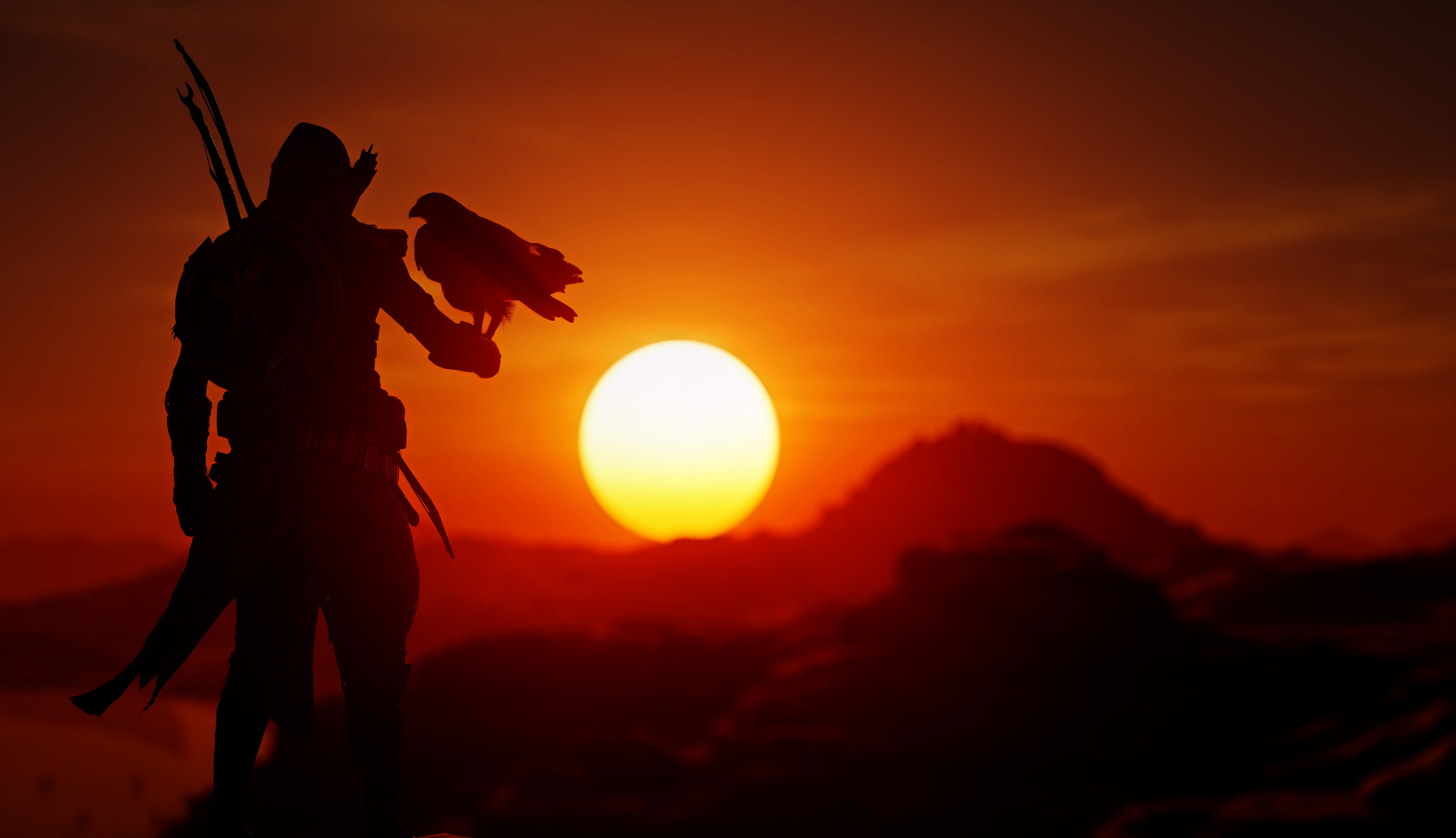 sun, nature, holding, Assassins Creed, 5K, mountain, men, Assassins Creed: Origins, leisure activity, adult, sunset, orange color, sunlight, beauty in nature, HD Wallpaper