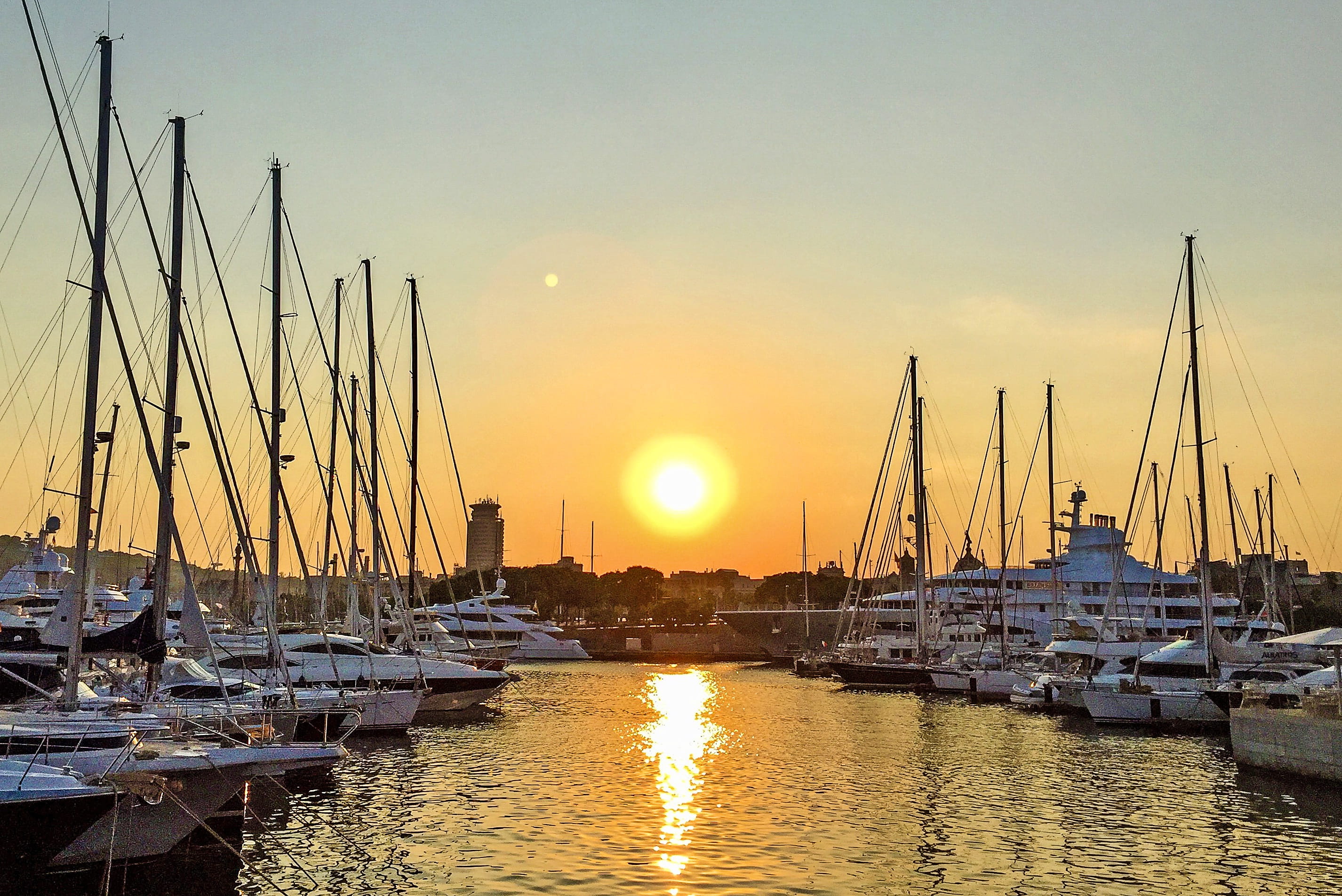 sunset, no people, Spain, outlook, catalonia, yachting, yacht, church, architecture, city, view, beauty in nature, sailboat, homes, carousel, white, reflection, HD Wallpaper