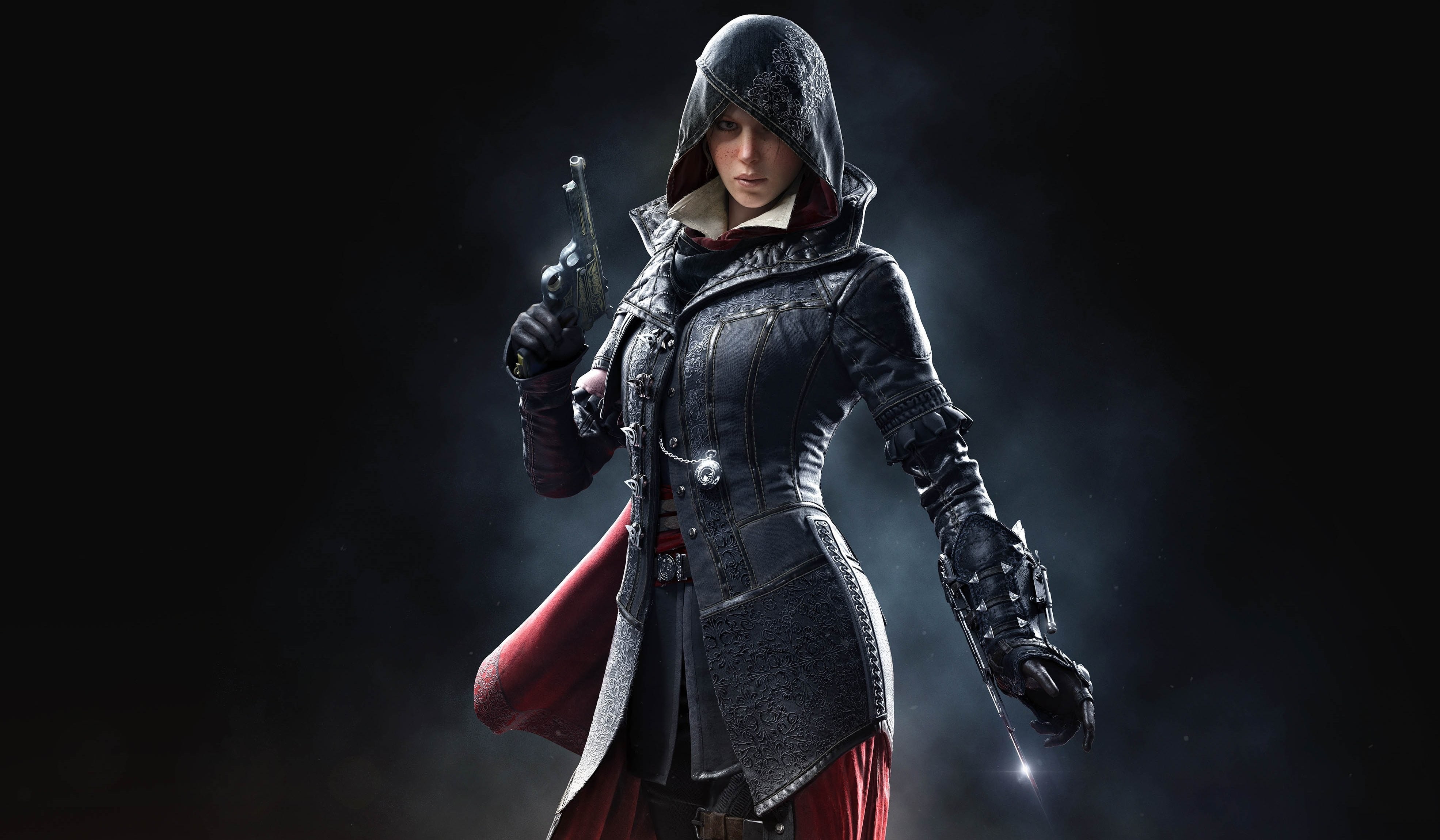 waist up, studio shot, weapon, suit of armor, protection, three quarter length, one person, standing, gun, Syndicate, black color, Ubisoft quebec, aggression, HD Wallpaper