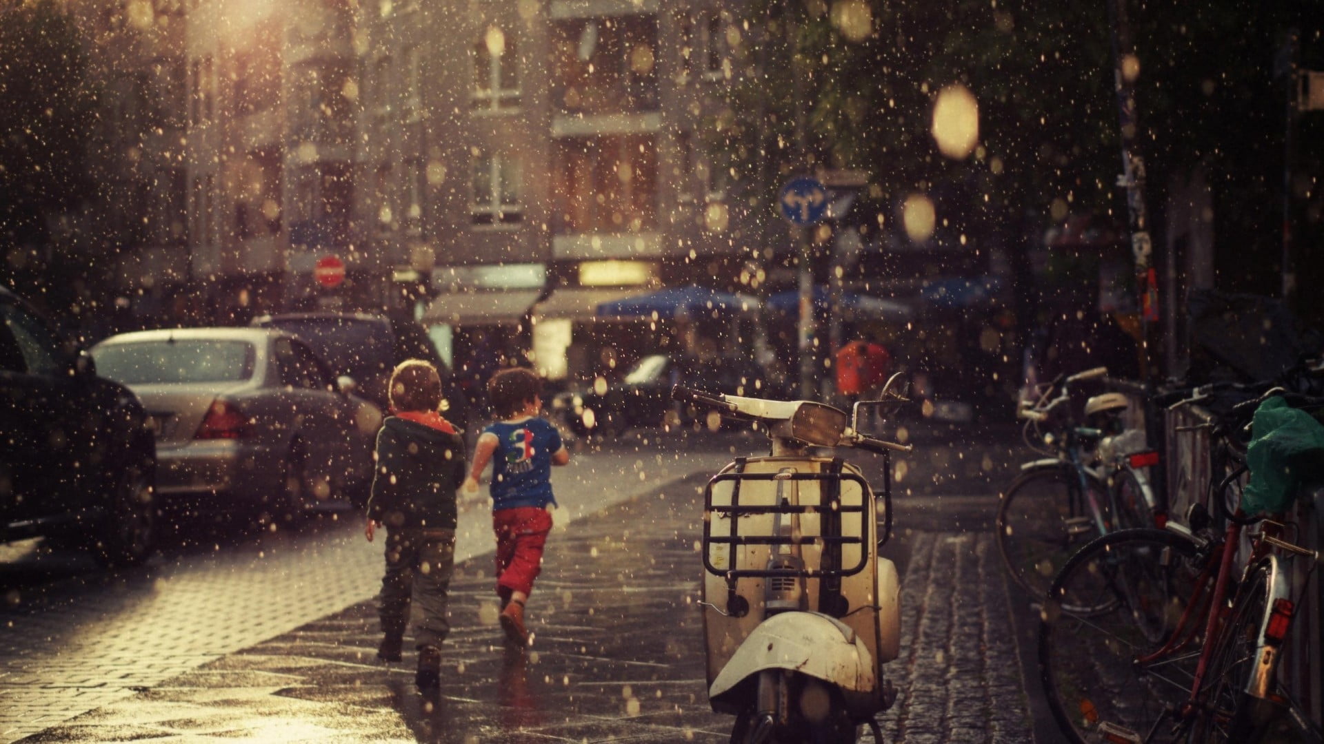 water, outdoors, snowing, land vehicle, children, city, white, rain, wet, transportation, road, 1080P, motor vehicle, street, umbrella, building exterior, HD Wallpaper