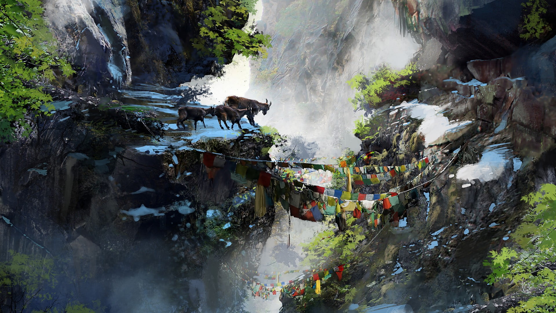 1080P, goats, falling water, artwork, flowing, beauty in nature, long exposure, rock formation, water, rock - object, tree, nature, rock, waterfall, motion, HD Wallpaper