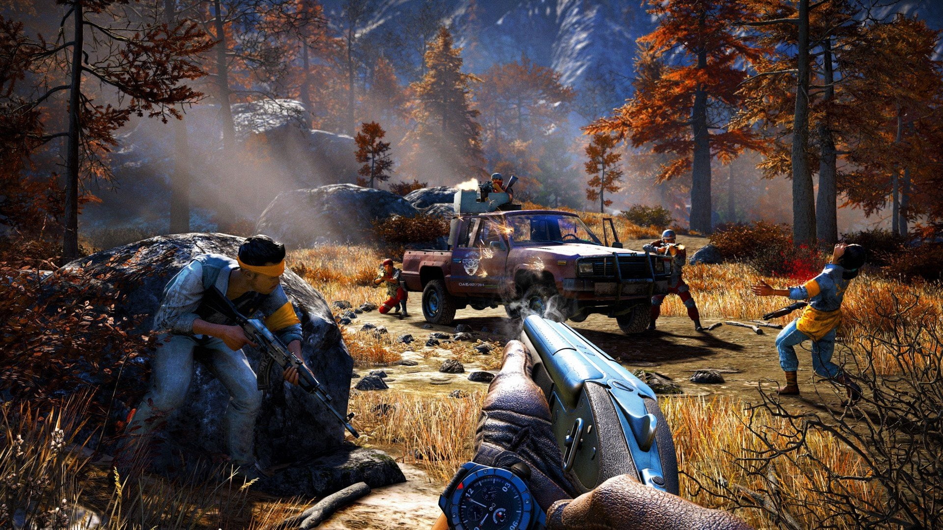 land vehicle, plant, nature, fire, real people, sunlight, Far Cry 4, group of people, environment, occupation, day, Far Cry, 1080P, outdoors, transportation, HD Wallpaper