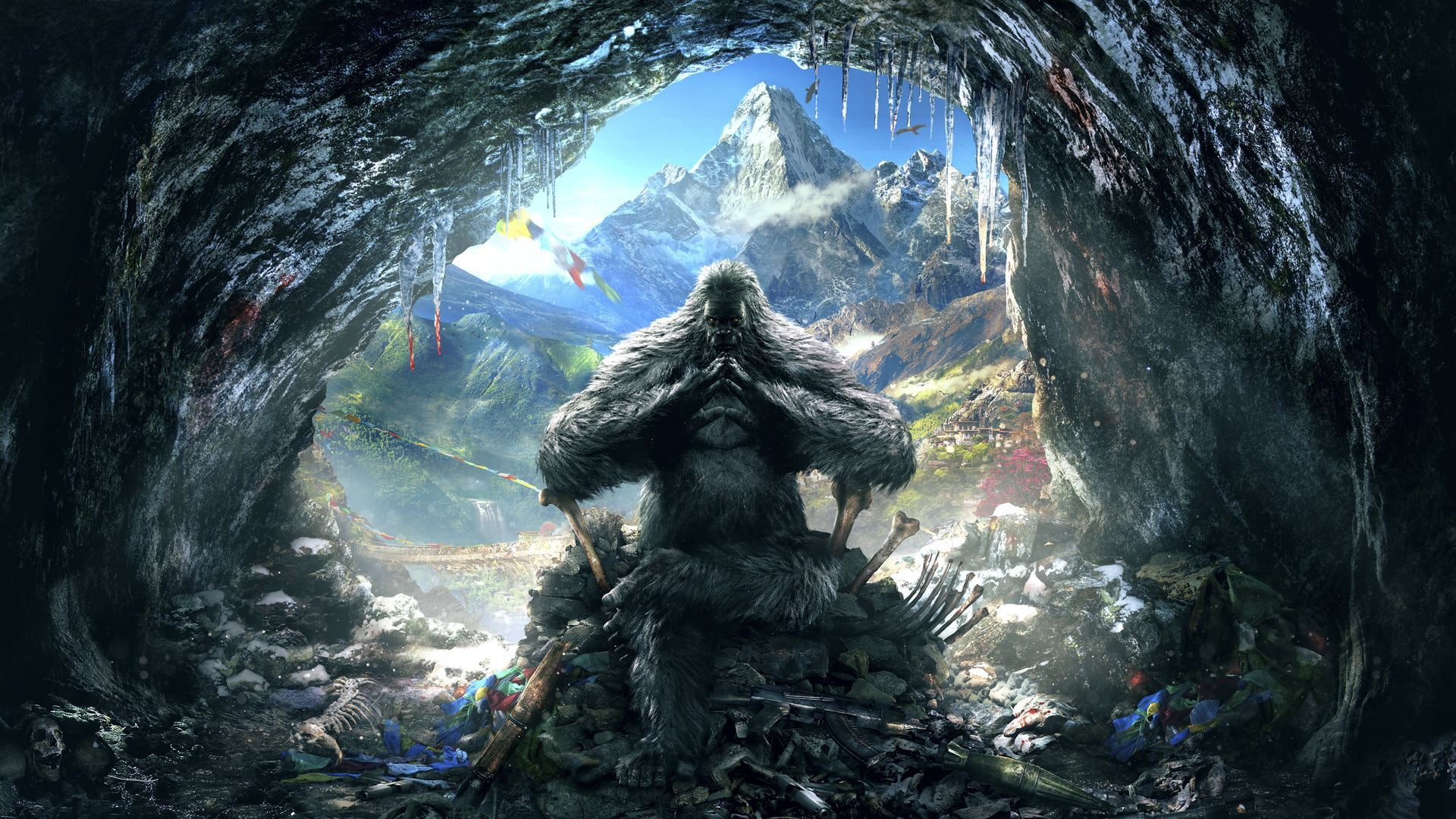 Weapons, Bigfoot, Mountains, Ubisoft, Bones, Cave, Icicles, 1080P, Snow, Gorilla, Far Cry 4, Look, Ice, Clouds, Kyrat, Fur, Light, Birds, HD Wallpaper