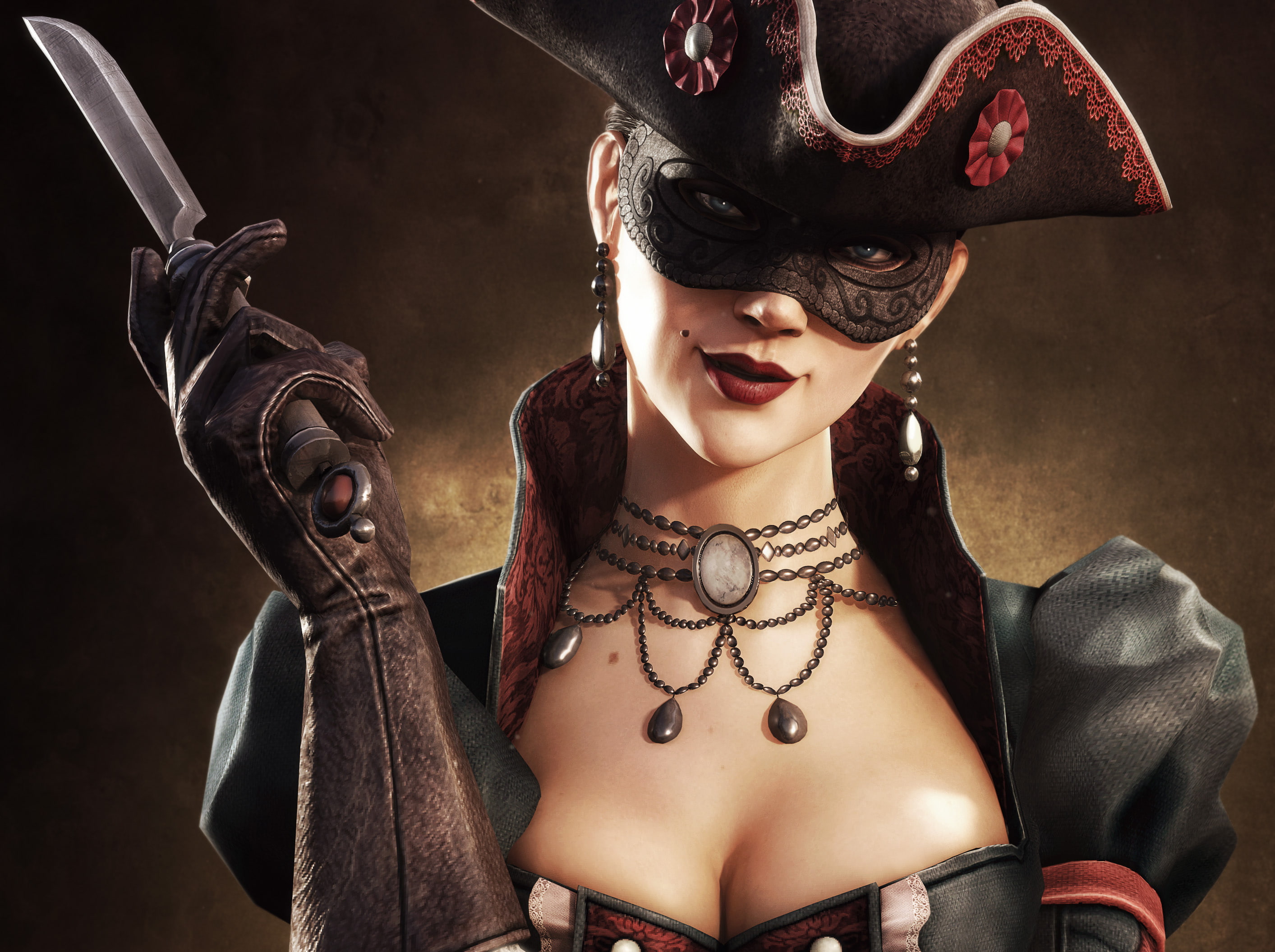 chest, killer, girl, Assassins Creed 4: Black Flag, multiplayer, look, cocked hat, smile, Ubisoft Toronto, Ubisoft Montreal, Ubisoft Bucharest, lips, gloves, HD Wallpaper