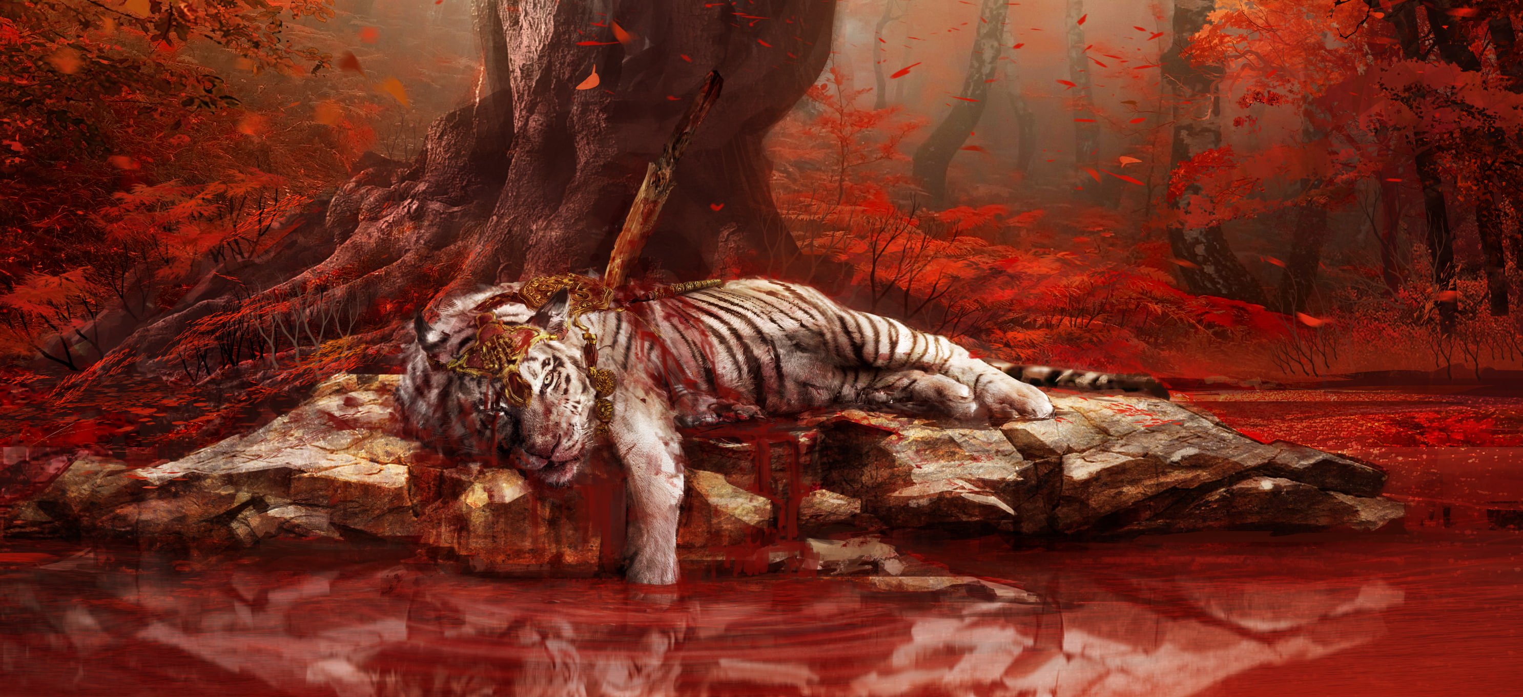 Water, Tiger, Far Cry 4, White Tiger, Jungle, Wounds, Stones, 2K, Trees, Kyrat, Dagger, Look, Reflection, Ubisoft, Lake, Blood, HD Wallpaper