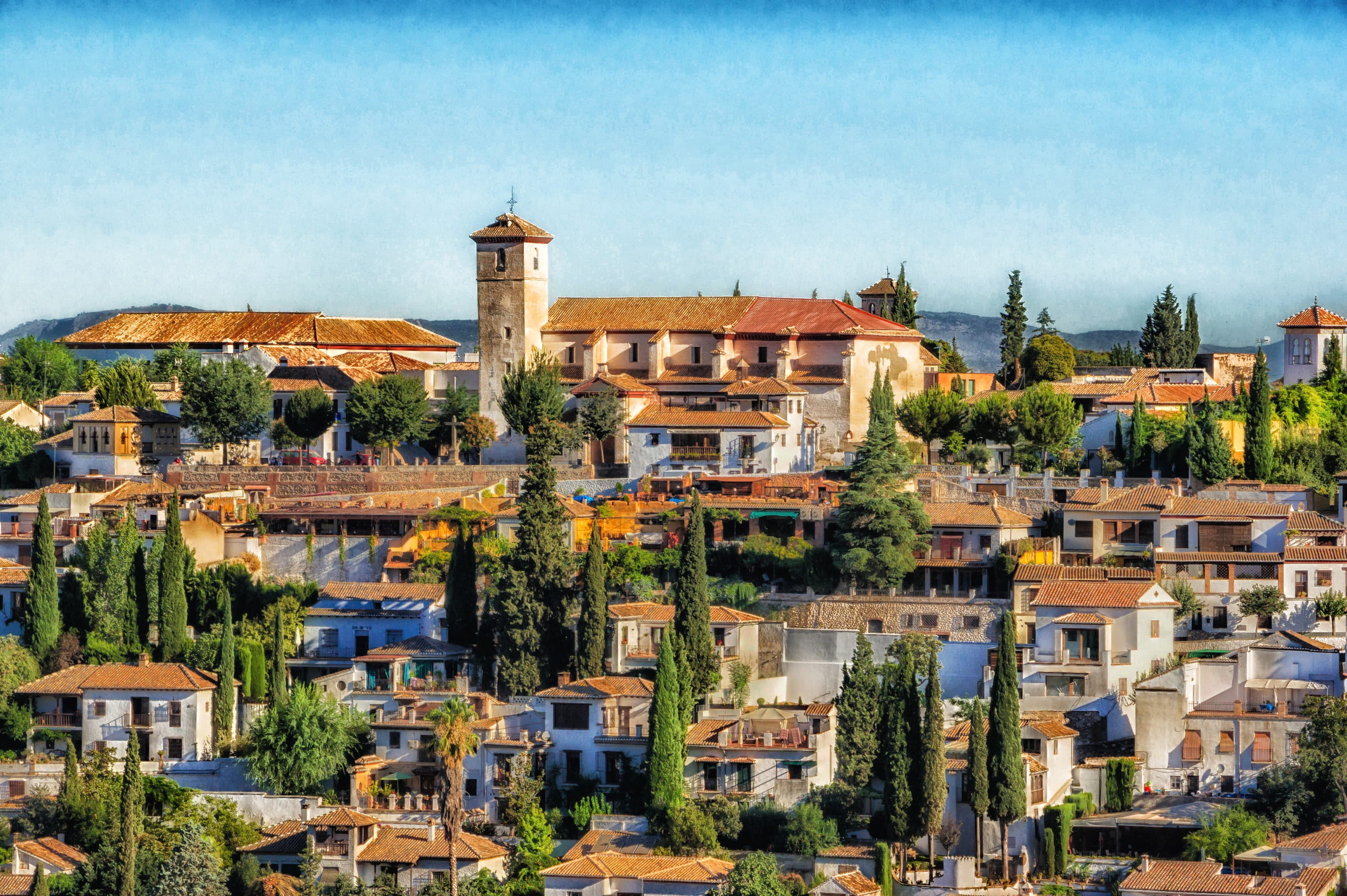 2K, scenic, Buildings, built structure, spain, town, Spain, building, granada, cities, no people, homes, old, plant, house, outdoors, clouds, nature, trees, HD Wallpaper