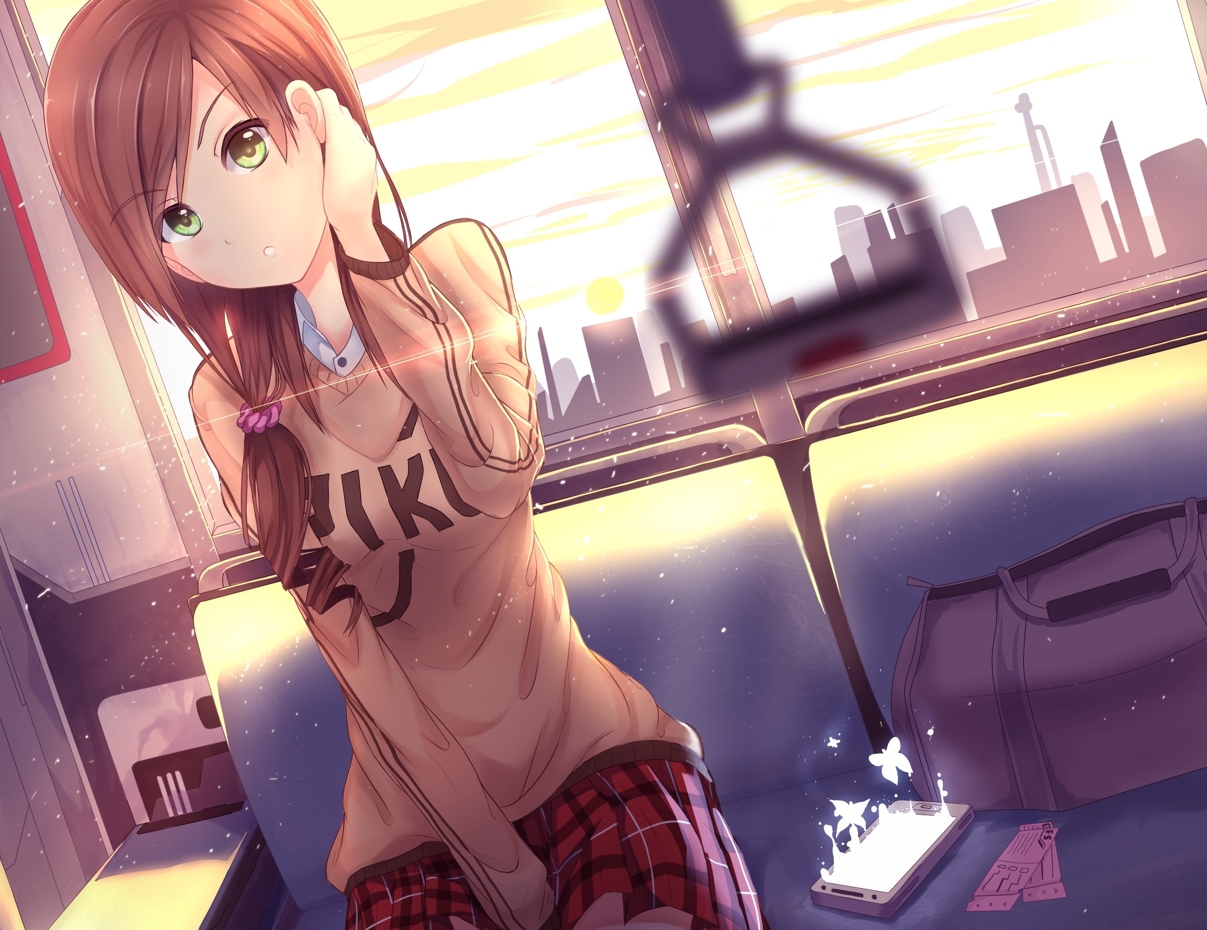 bag, girl, 1080P, home, anime, clouds, riki-to, train, the city, sunset, the car, phone, butterfly, art, schoolgirl, the sun, the sky, HD Wallpaper