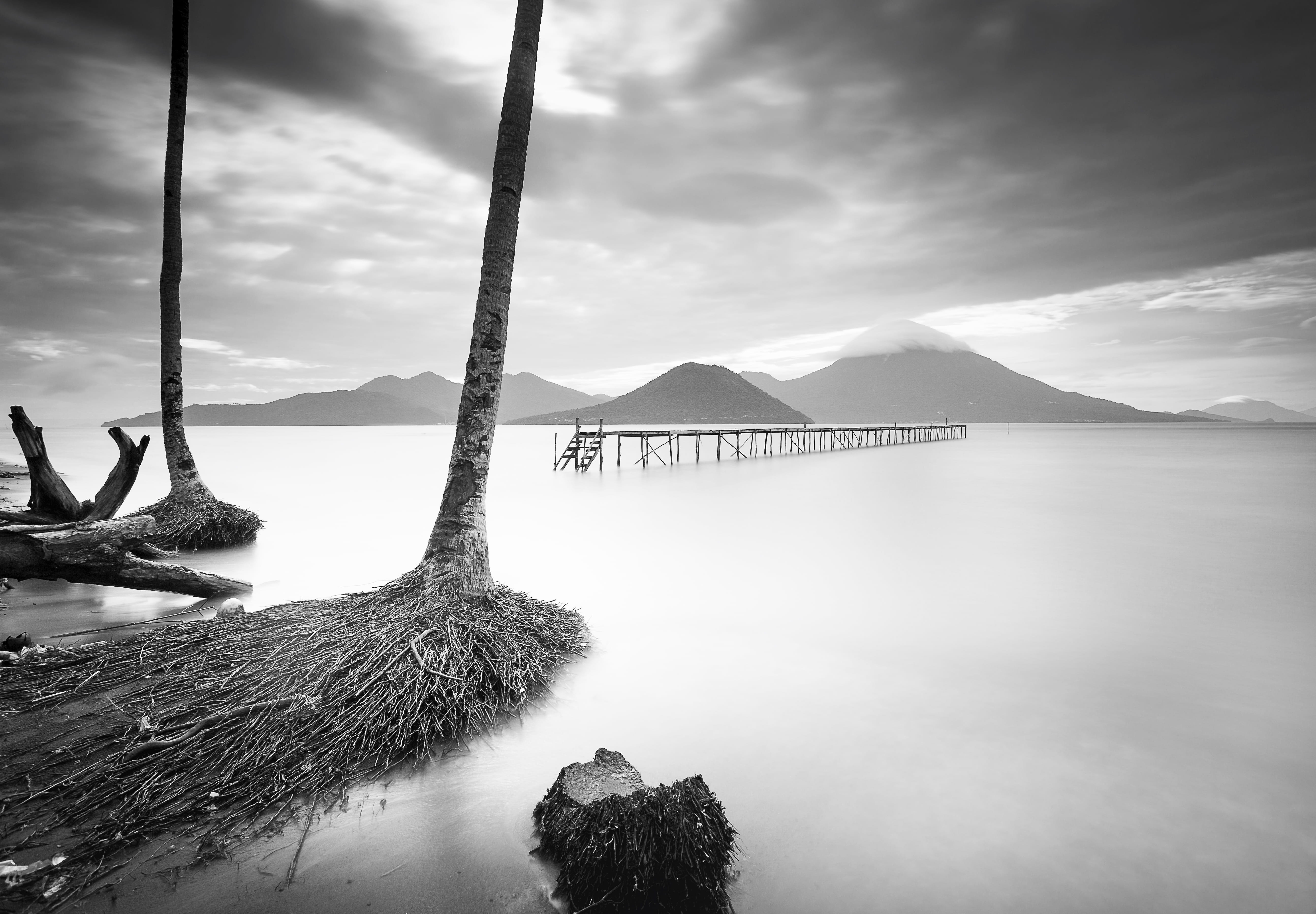 black and white, lake, ocean, sea, scenics - nature, 5K, no people, tranquility, nature, mountain, outdoors, black-and-white, day, dockyard, photo, sky, HD Wallpaper
