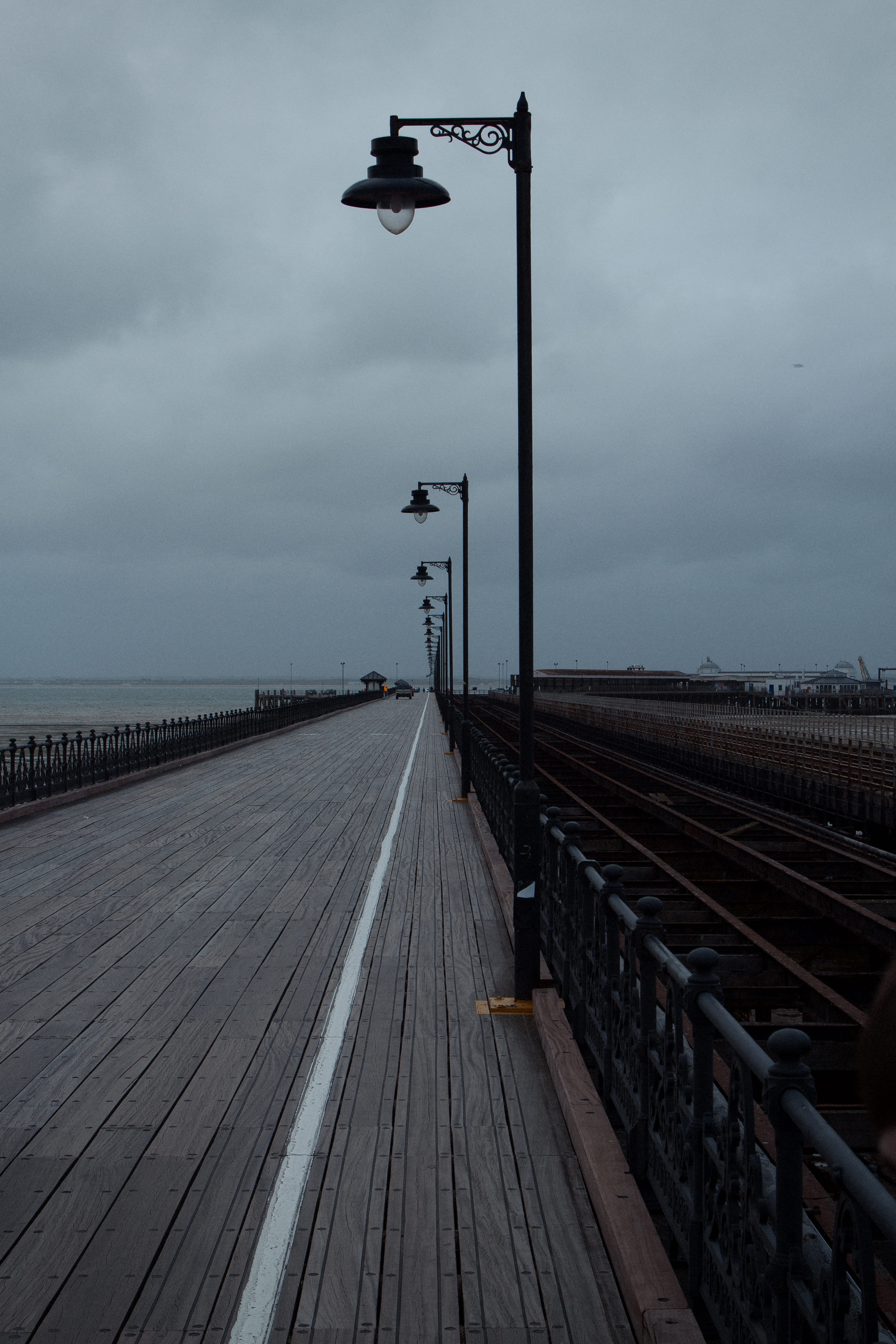 emotional, mode of transportation, rail transportation, lighting equipment, day, dusk, no people, sea, lonely, direction, built structure, track, the way forward, Phone HD Wallpaper