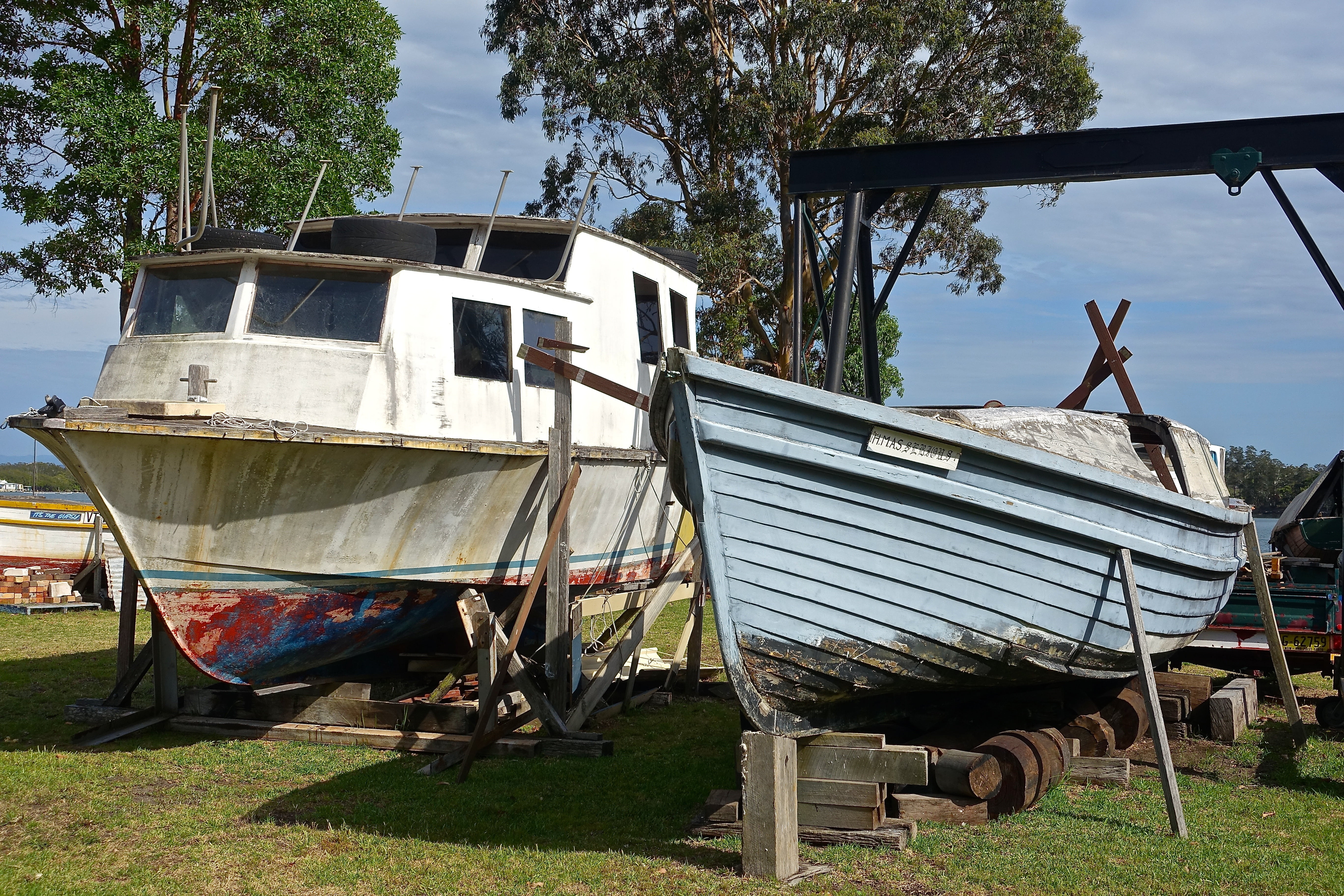 dockyard, boat yard, 5K, tree, outdoors, wood - material, day, nautical, shipyard, dry-dock, land, plant, moored, transport, field, no people, transportation, HD Wallpaper