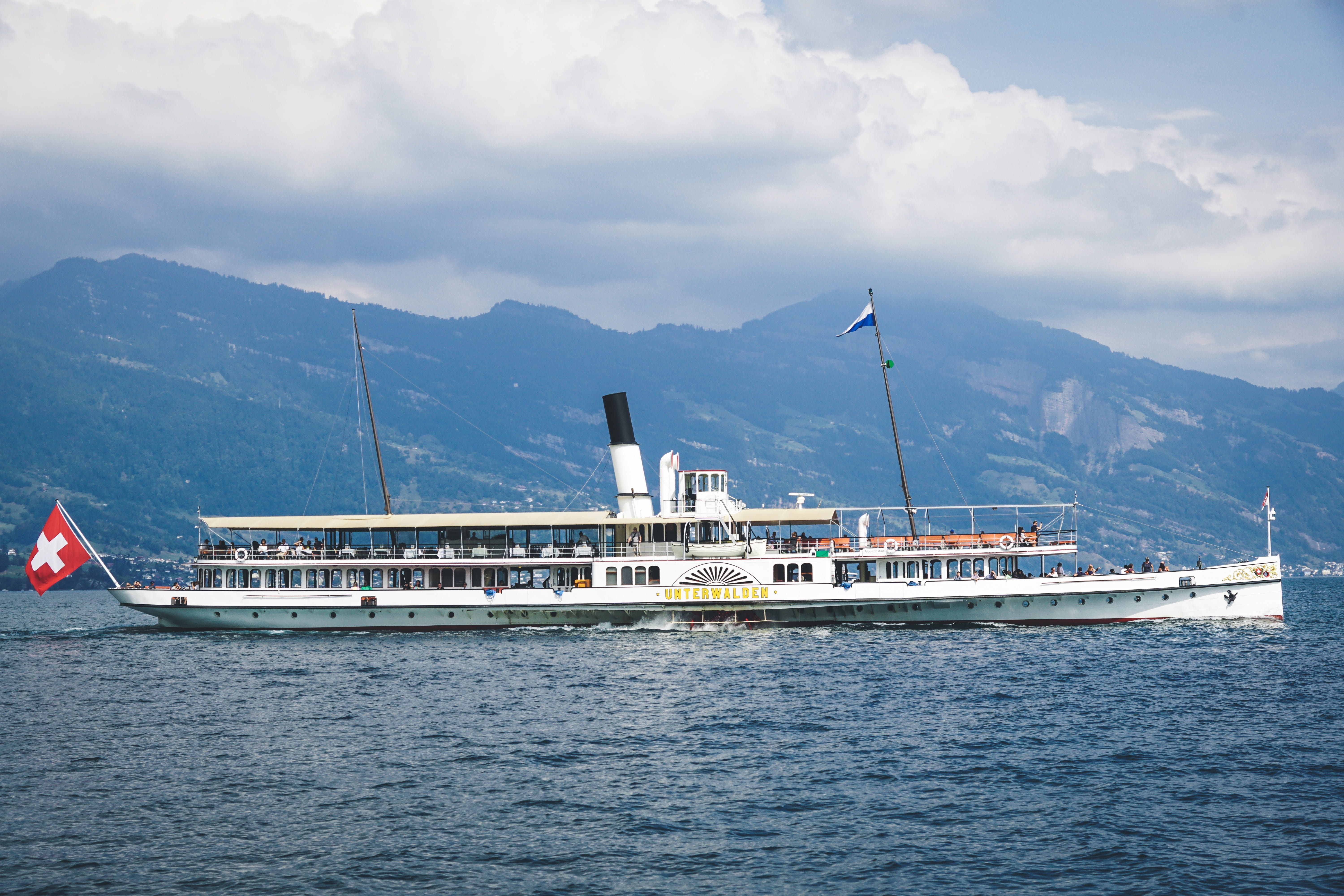 cruise ship, waterfront, paddle steamer, water, sea, ship, no people, mode of transportation, paddle wheel, travel, mountain range, craft, lake, waters, HD Wallpaper
