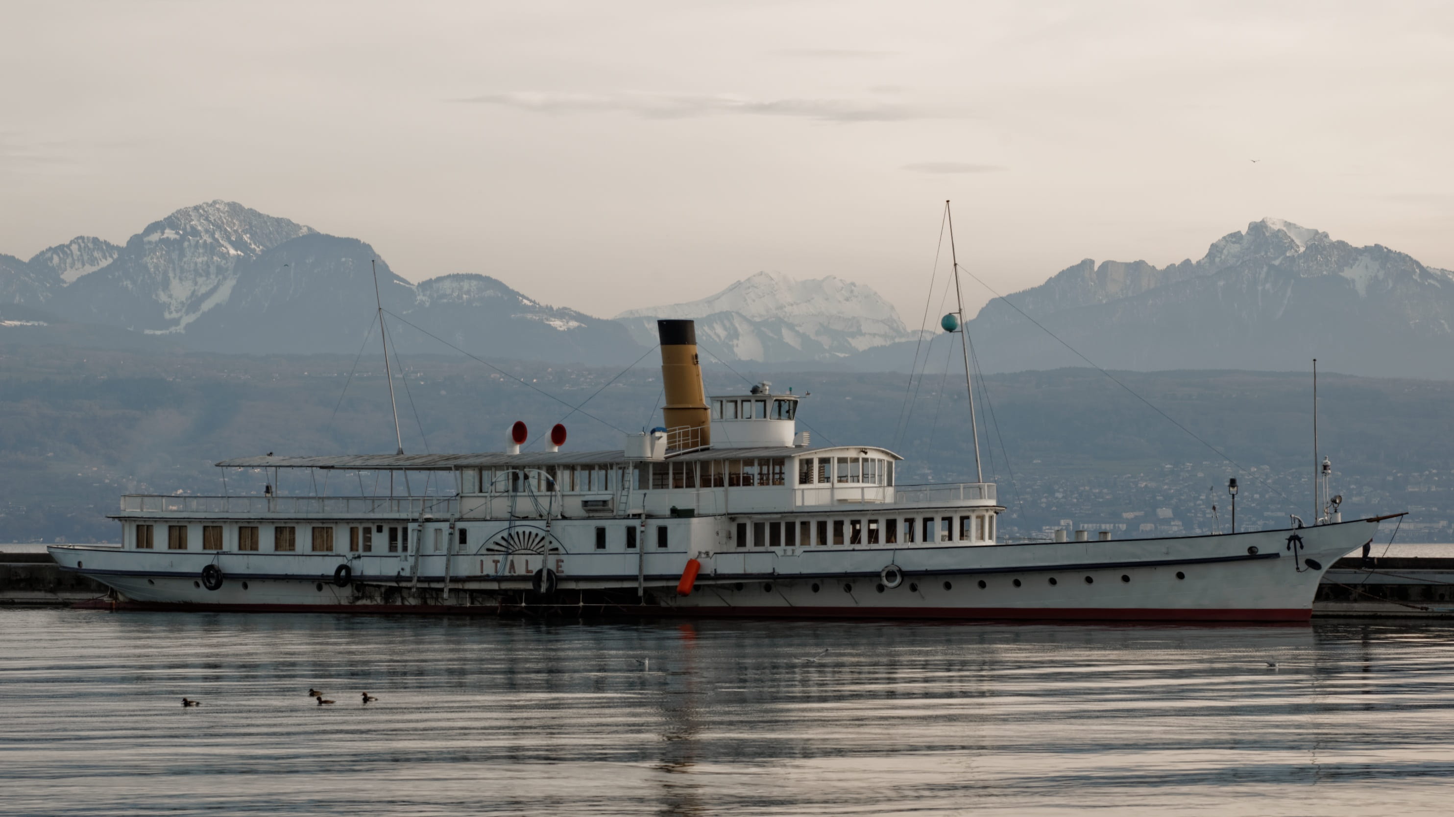 mountain range, cruise ship, old, geneva, switzerland, travel, craft, sea, leman, yacht, sailboat, lac, nautical vessel, ship, mode of transportation, motion, HD Wallpaper