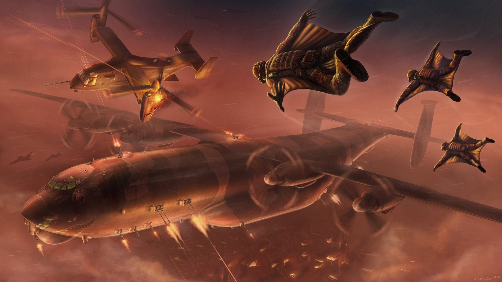 Military, Battle, Soldier, Bell Boeing V-22 Osprey, Warplane, Sci Fi, Wingsuit, 1080P, Aircraft, HD Wallpaper