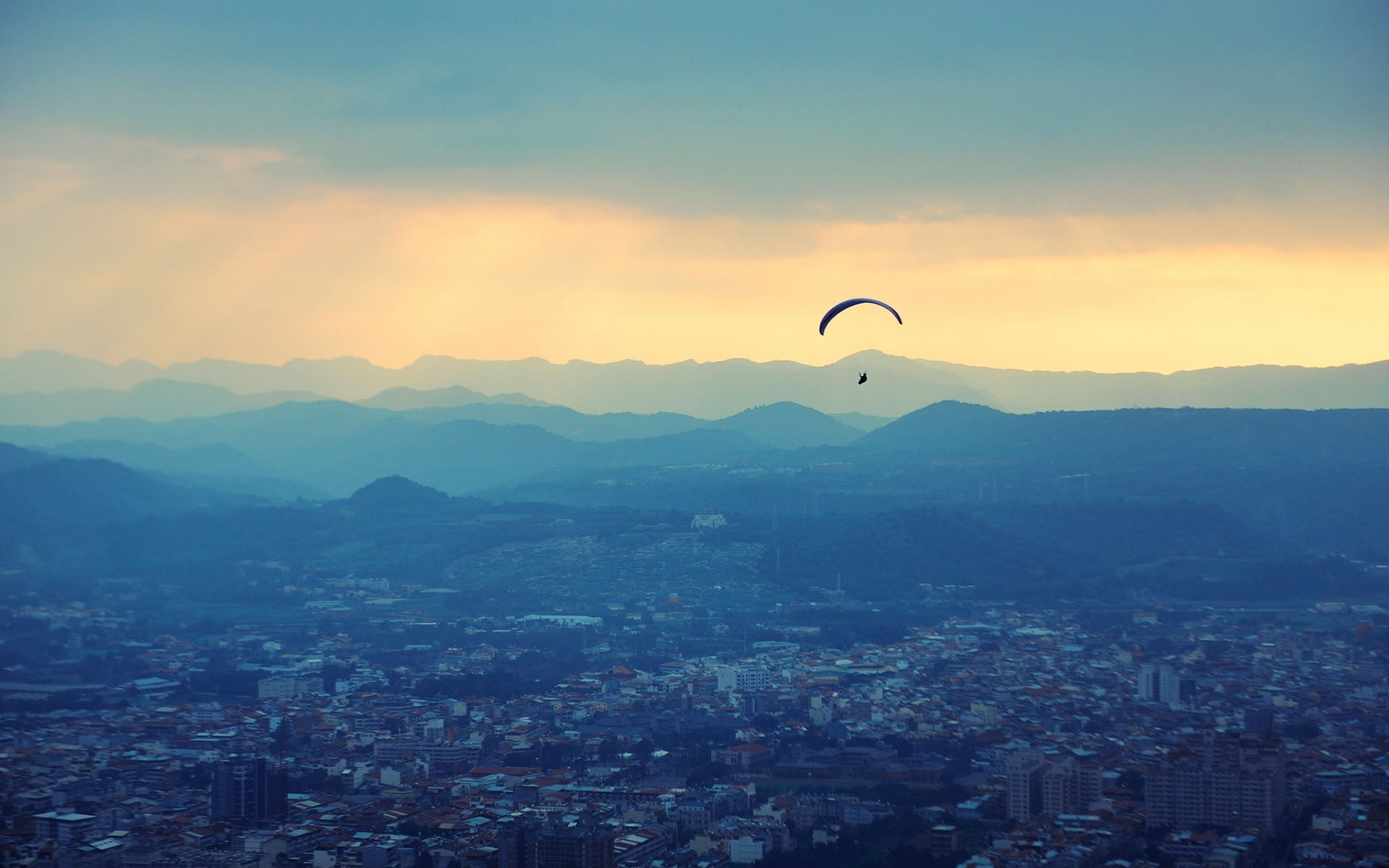 high, mid-air, nature, outdoors, beauty in nature, environment, 1080P, adventure, buildings, paragliding, mountain, rise, mountain range, landscape, scenics - nature, HD Wallpaper