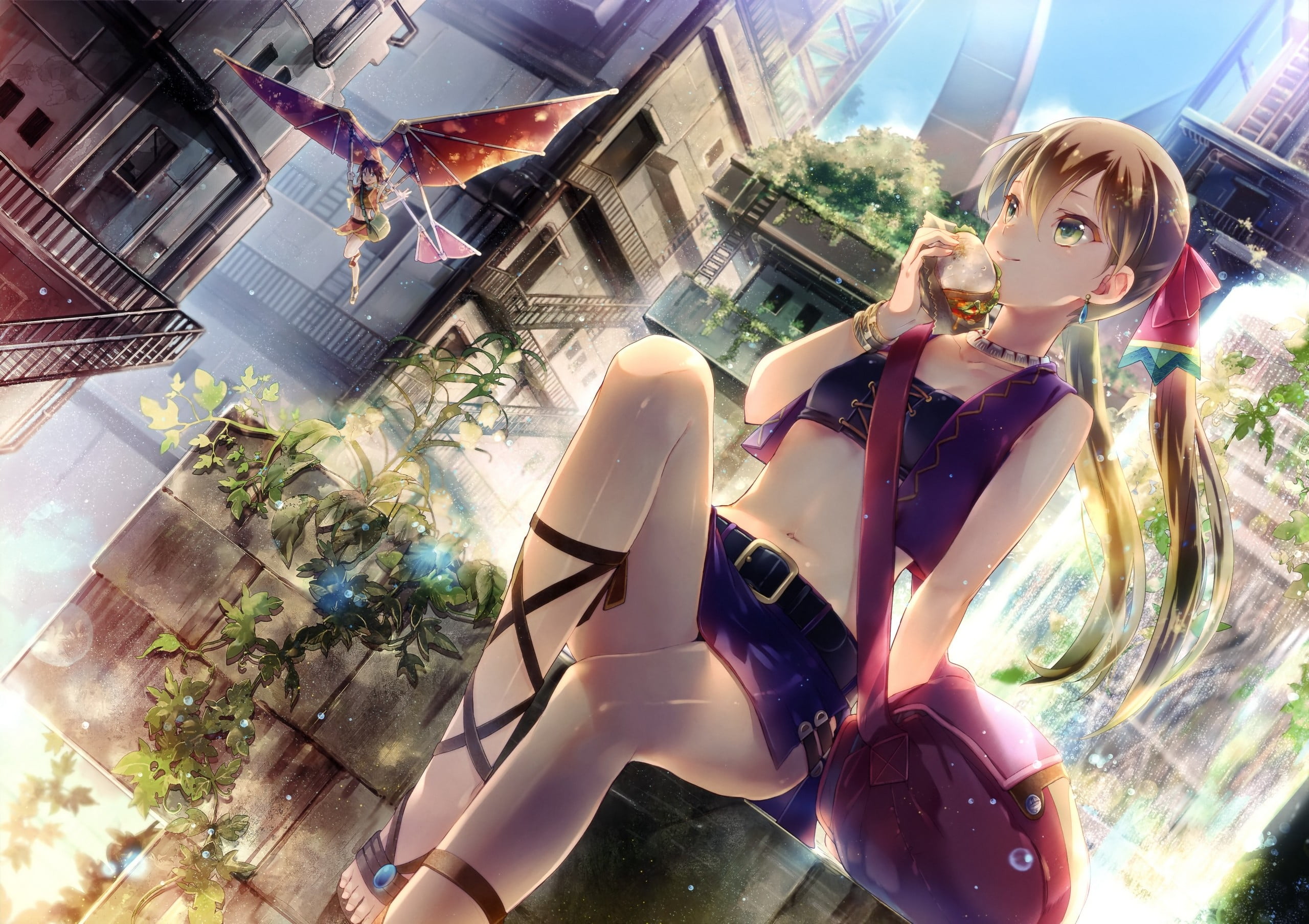 hamburgers, young women, anime girls, beautiful woman, reflection, city, belly, day, window, hair ornament, glass, fountain, bag, young adult, transparent, HD Wallpaper