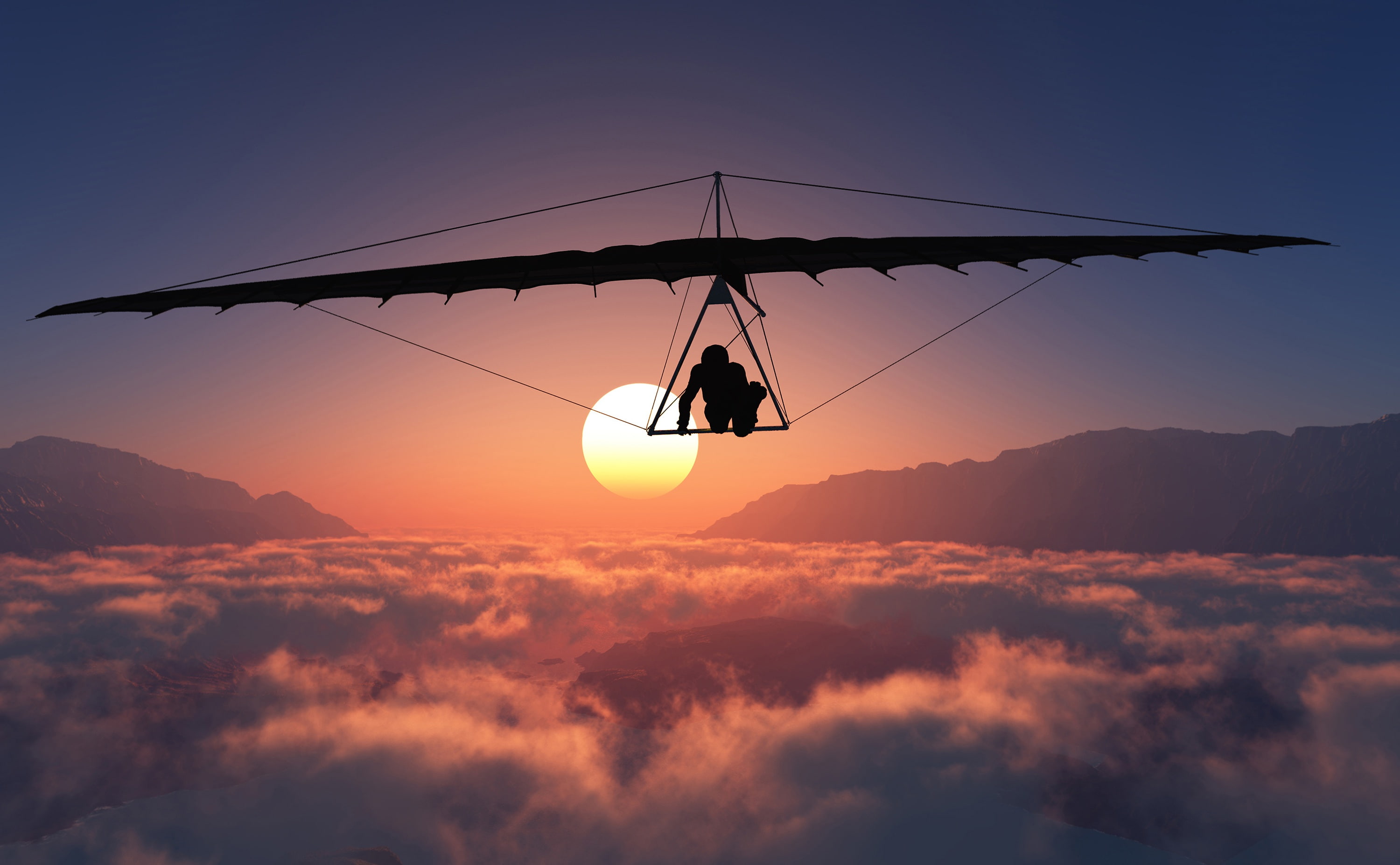 2K, Hang gliding, the sun, glider, mountains, silhouette, flight, clouds, height, panorama, HD Wallpaper