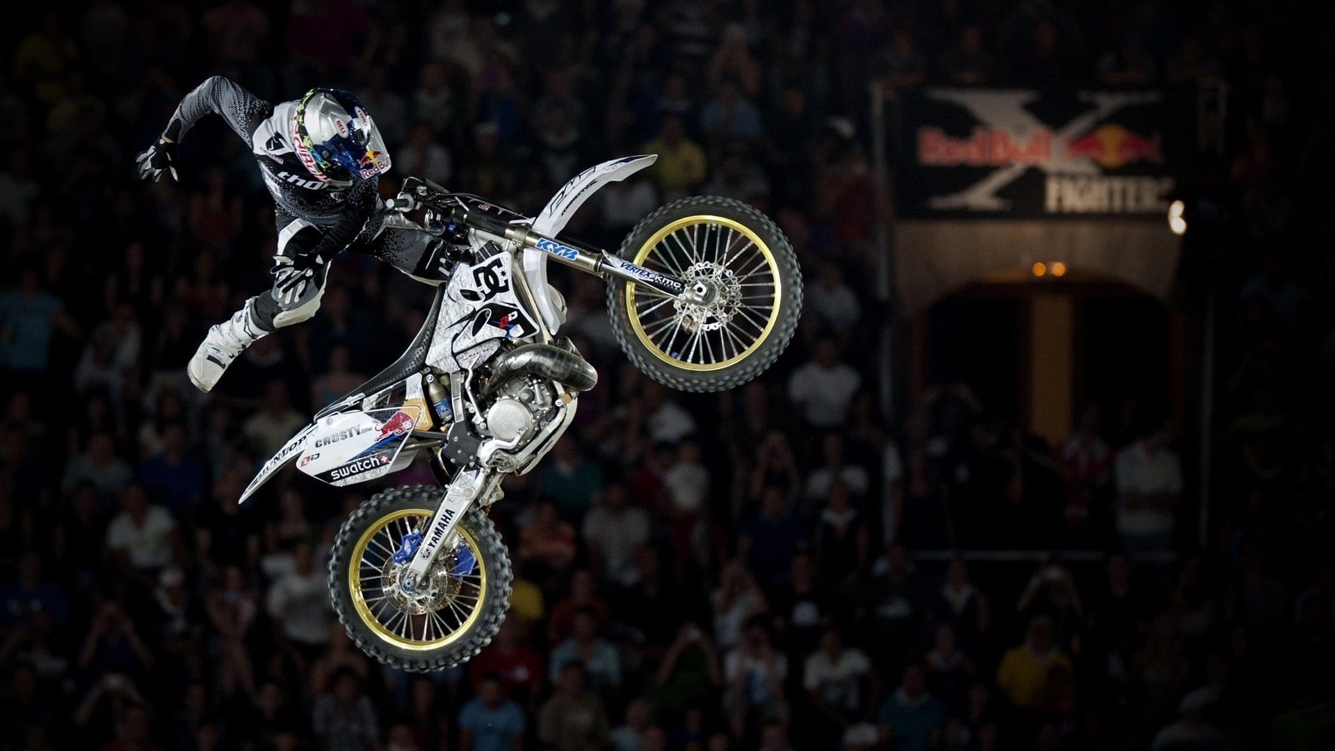 motorbike, jump, wheels, motorcycles, stunt, people, stadium, motorbikes, sports, fly, red, flight, vehicles, 1080P, men, fmx, bikes, males, bull, freestyle, HD Wallpaper