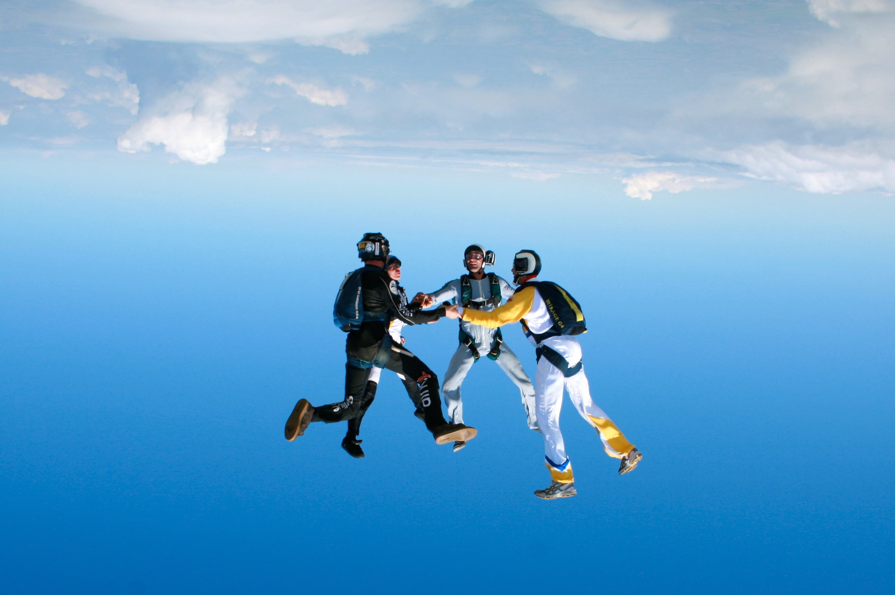 skydivers, helmet, group, 2K, parachute, headdown, parachuting, extreme sports, container, camera, HD Wallpaper