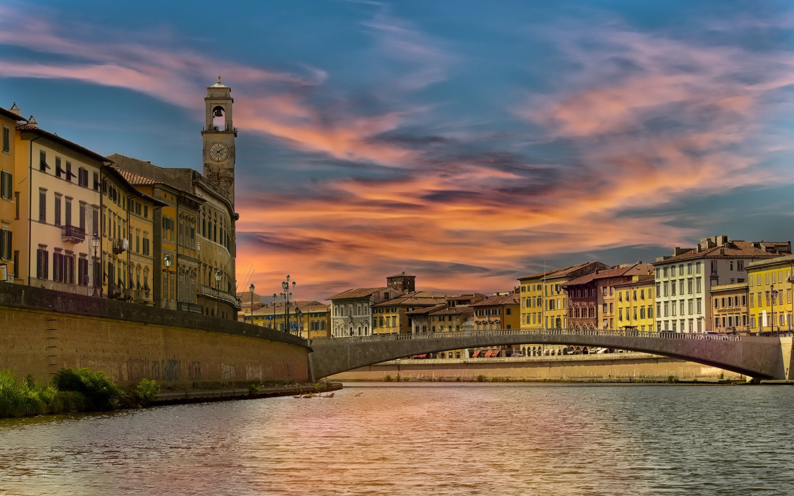 concrete, architecture, cloud - sky, water, nature, tower, outdoors, dusk, italy, river arno, no people, street, built Structure, cultures, house, bridge - Man Made Structure, HD Wallpaper