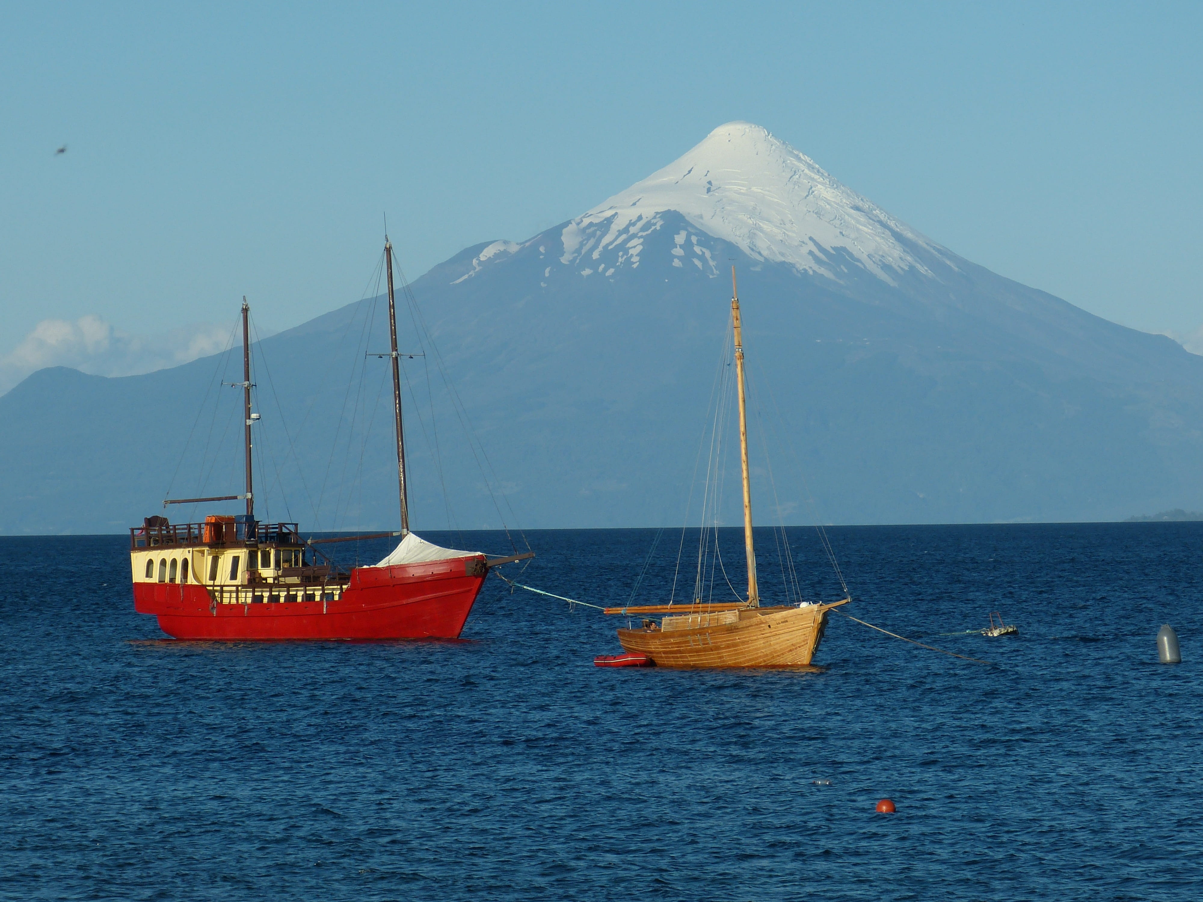 sky, lake, landscape, fishing industry, transportation, osorno, body, nautical vessel, mountains, Puerto Varas, environment, winter, water, volcano, sailing vessel, HD Wallpaper