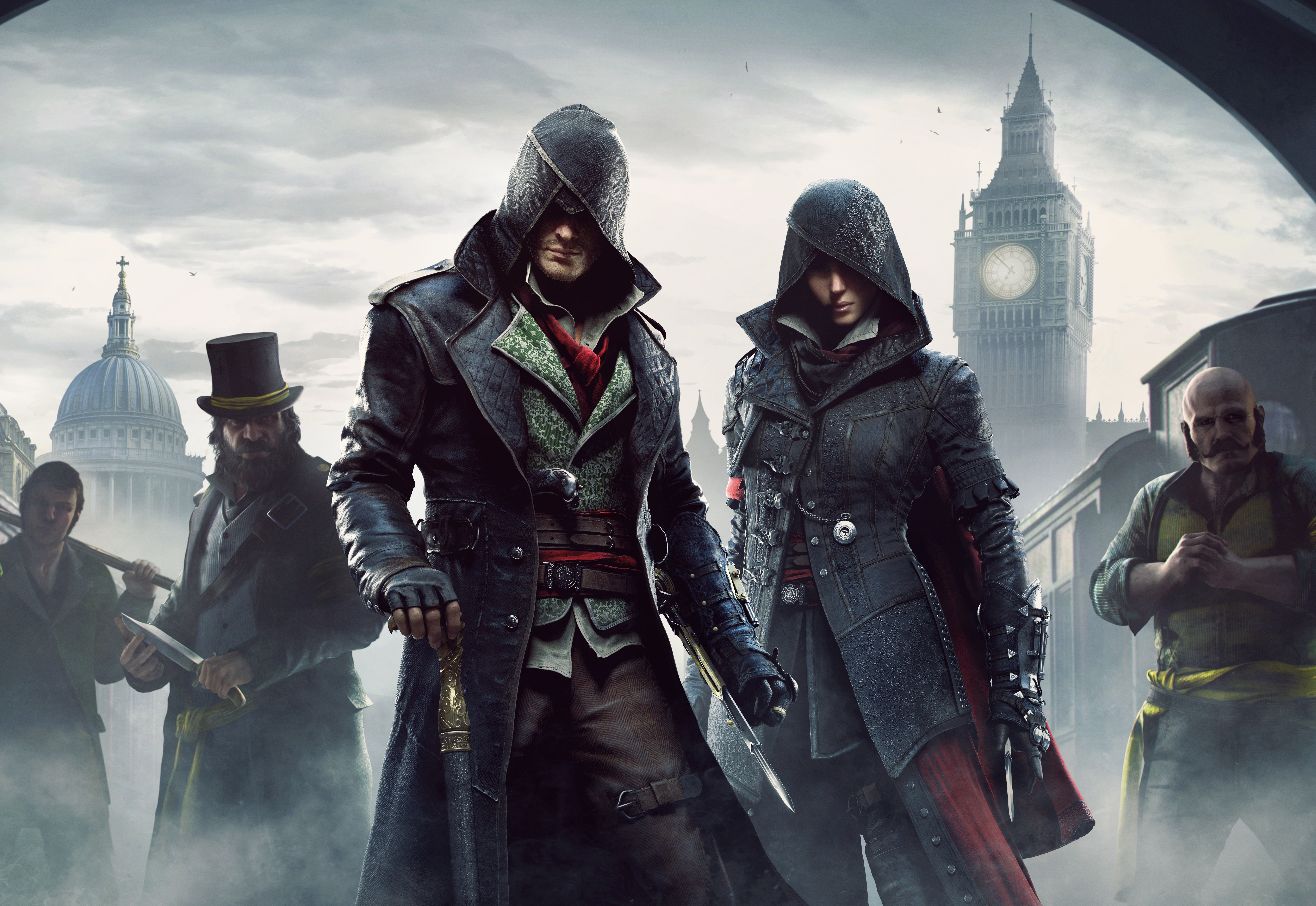 gang, station, standing, cultures, togetherness, men, Big Ben, s, night, 8K, outdoors, government, sky, Assassins Creed: Syndicate, group Of People, nature, HD Wallpaper