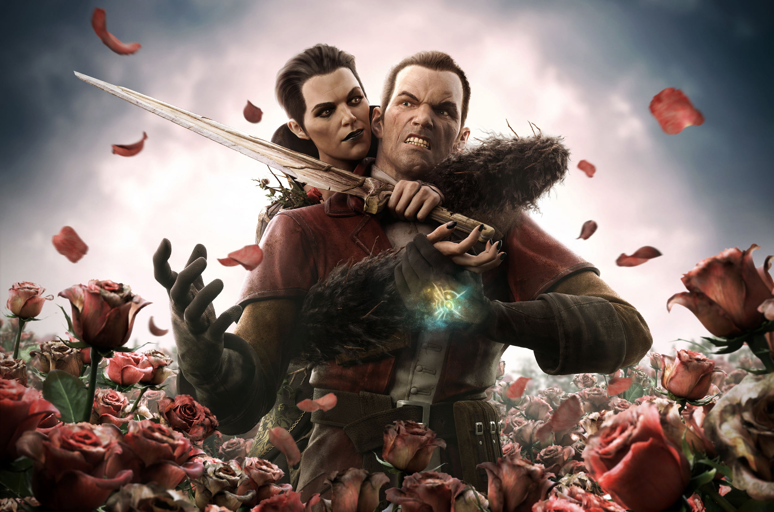 Brigmore Witches, Dowd, sign, rpg, roses, sky, sword, DLC, togetherness, celebration, girl, Daud, women, people, festival, cloud - sky, Dishonored, HD Wallpaper
