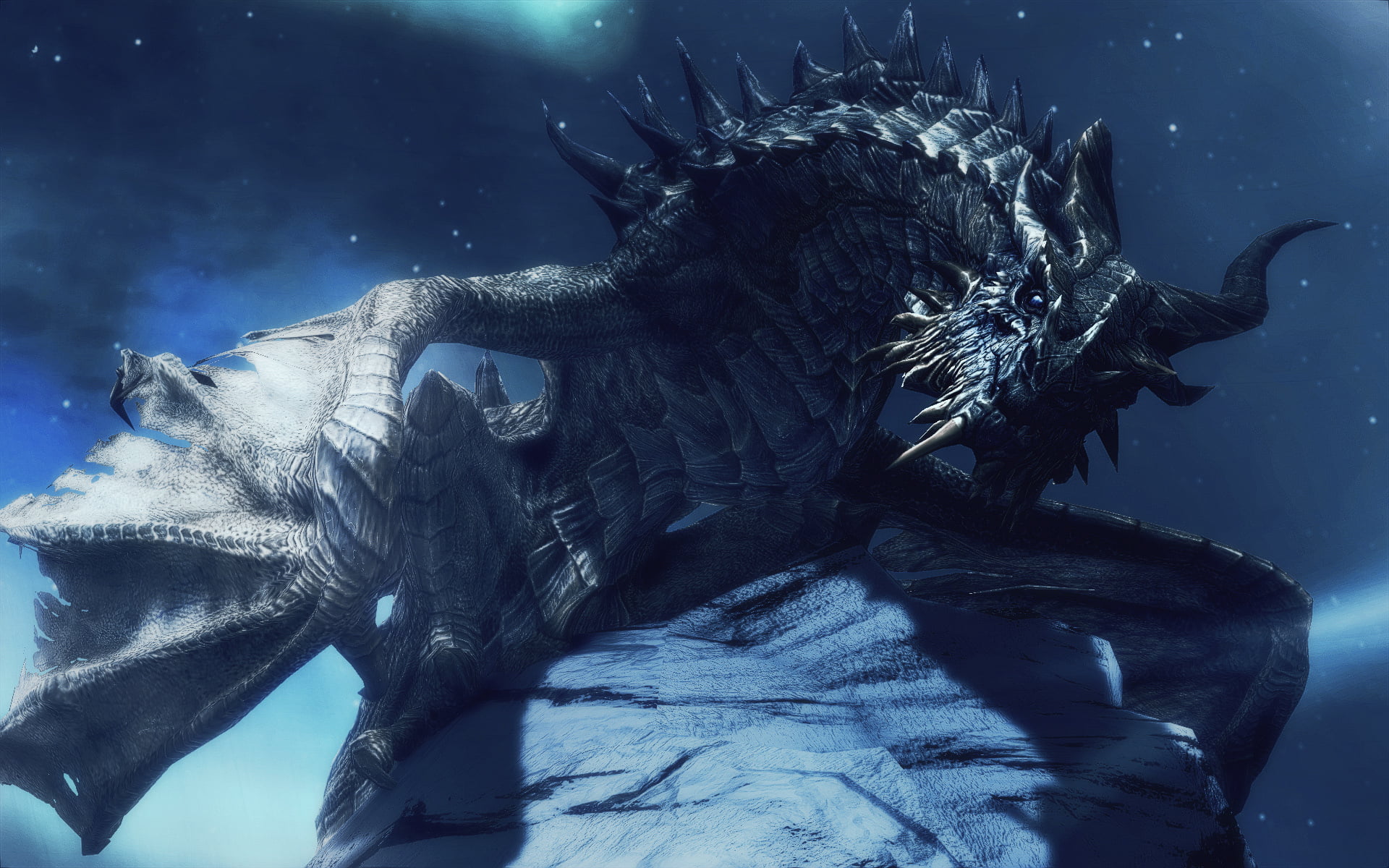 night, Aurora, video games, Bethesda Softworks, sky, dragon, 1080P, screen shot, stars, The Elder Scrolls V: Skyrim, HD Wallpaper