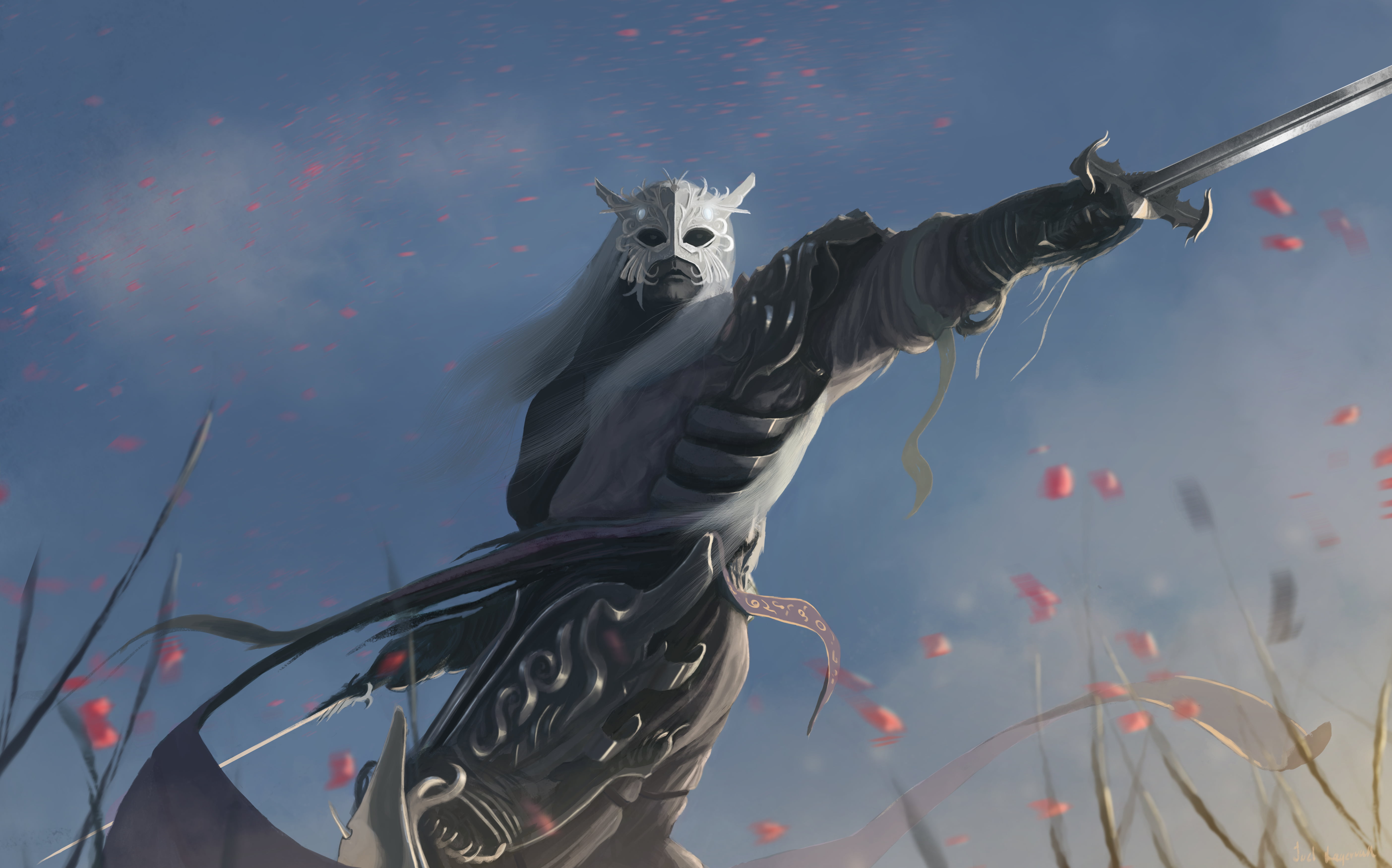  creativity, armor, digital, day, art, swordsman, domestic, weapons, outdoors, nature, mammal, mask, warrior, sword, the sky, look, no people, HD Wallpaper