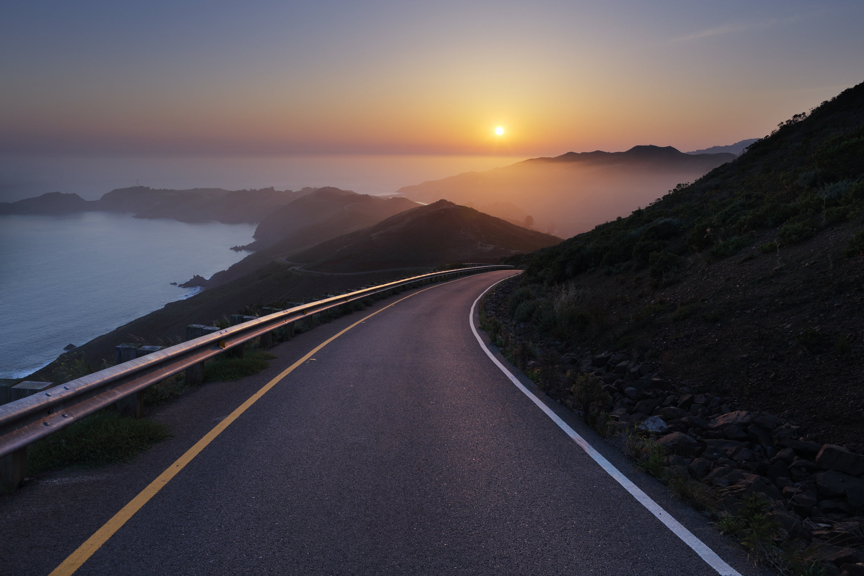 landscape, sunlight, dusk, vanishing point, car, scenics, road marking, street, rock - Object, sunset, vacations, tranquil scene, outdoors, marking, traffic, HD Wallpaper