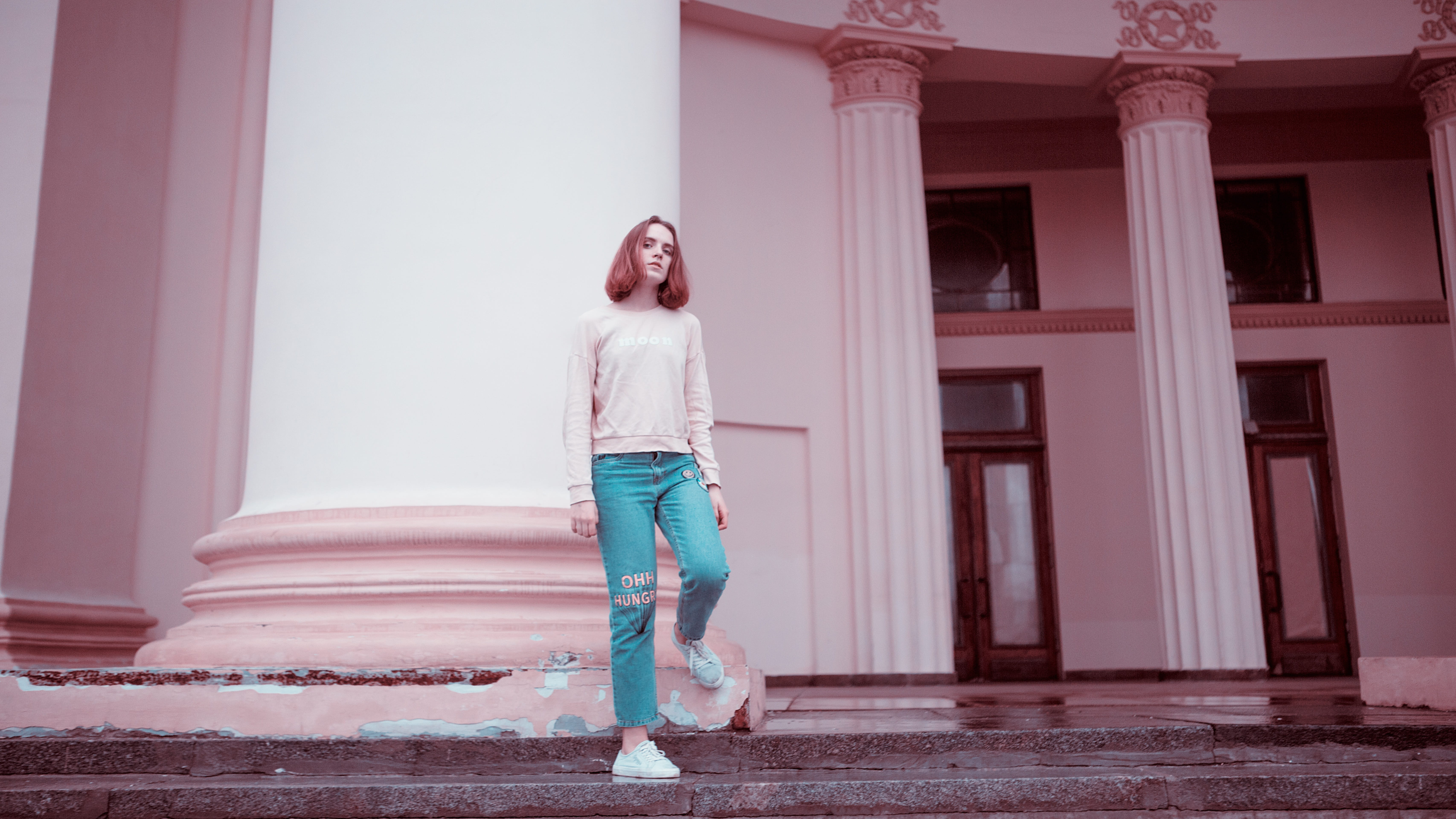 young adult, one person, architectural column, beige, eyes, beauty, style, top, hair, adult, standing, posture, casual clothing, pink, daytime, blue, russia, HD Wallpaper