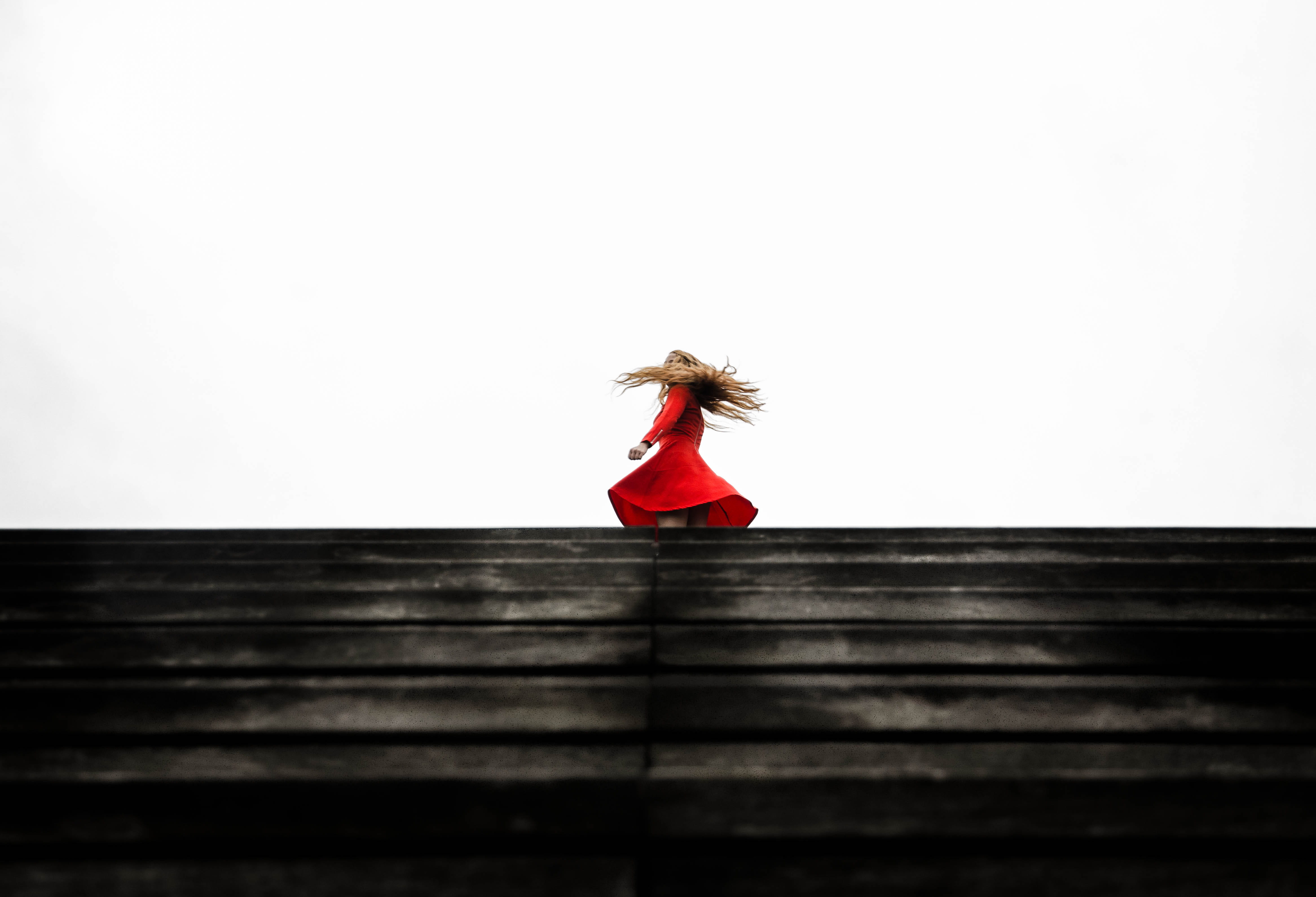 hair, adults only, 4K, one woman only, top, people, day, twirl, wearing, stairs, built structure, fashion, real people, woman in red, red, caucasian Ethnicity, HD Wallpaper