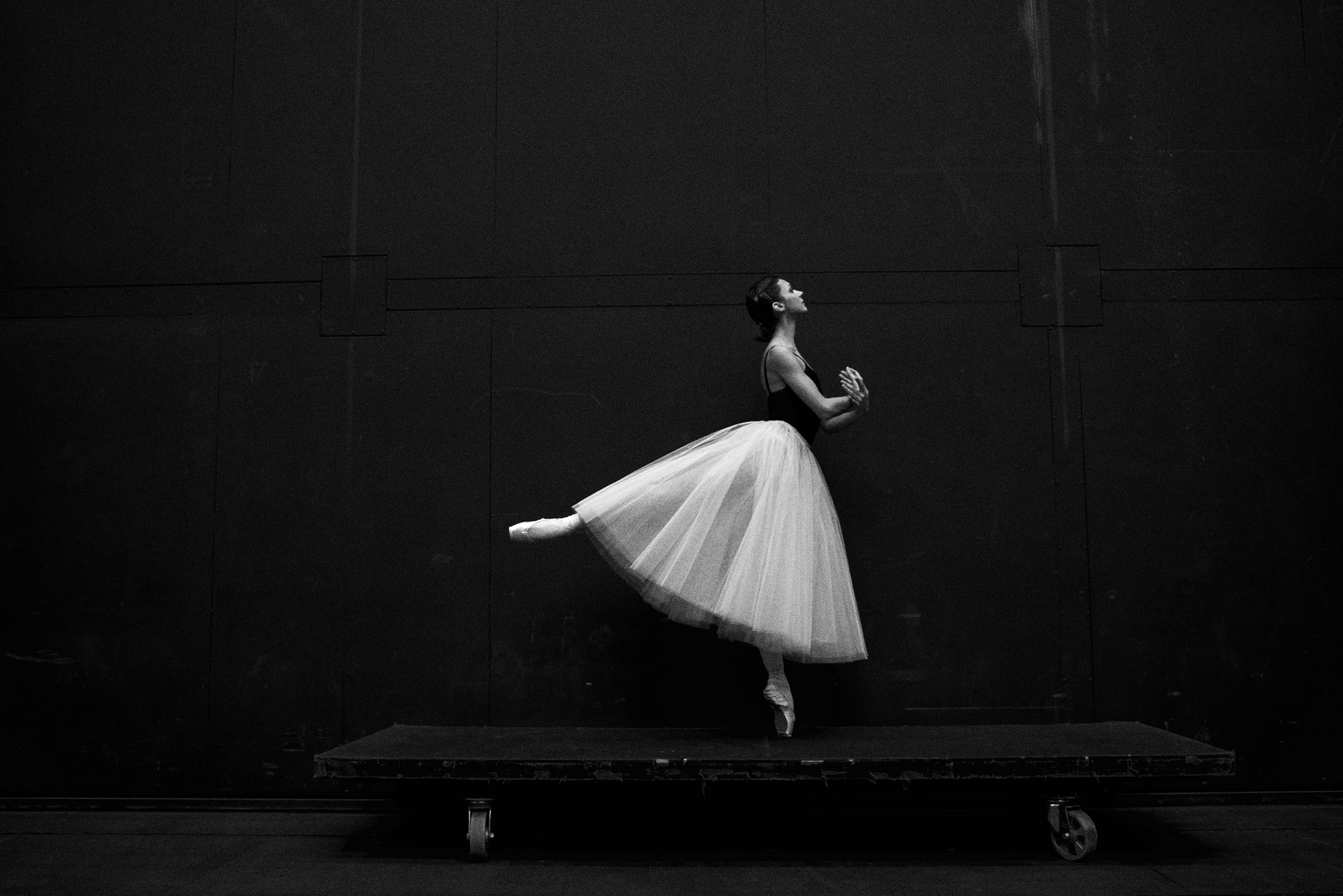 photography, beautiful woman, dance, ballet dancer, clothing, arts culture and entertainment, one person, rolling, ballet, standing, black and white, stage - performance space, HD Wallpaper