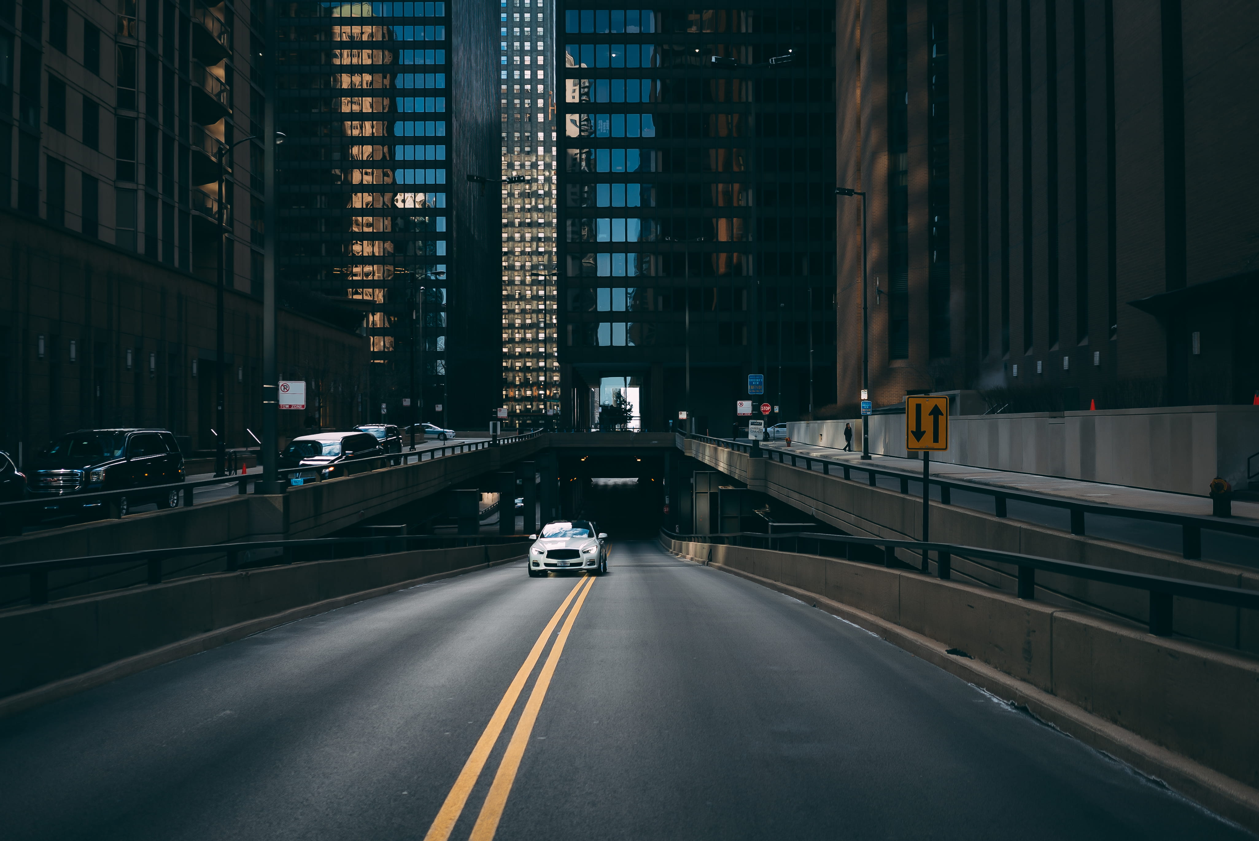 marking, lane, transportation, road, vehicles, skyscraper, road marking, bridge, motor vehicle, transportation system, light, outdoors, architecture, city, HD Wallpaper