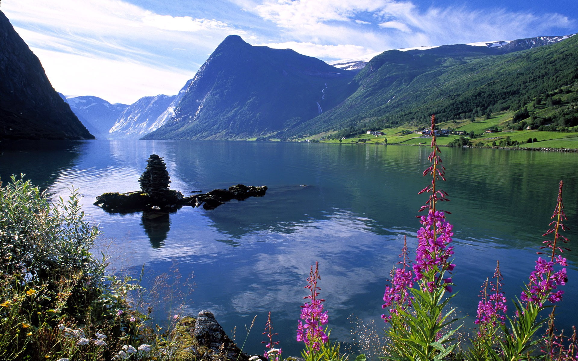 non-urban scene, cloud - sky, plant, reflection, water, landscape, idyllic, tree, nordic landscapes, growth, mountain range, tranquility, mountain, 1080P, HD Wallpaper