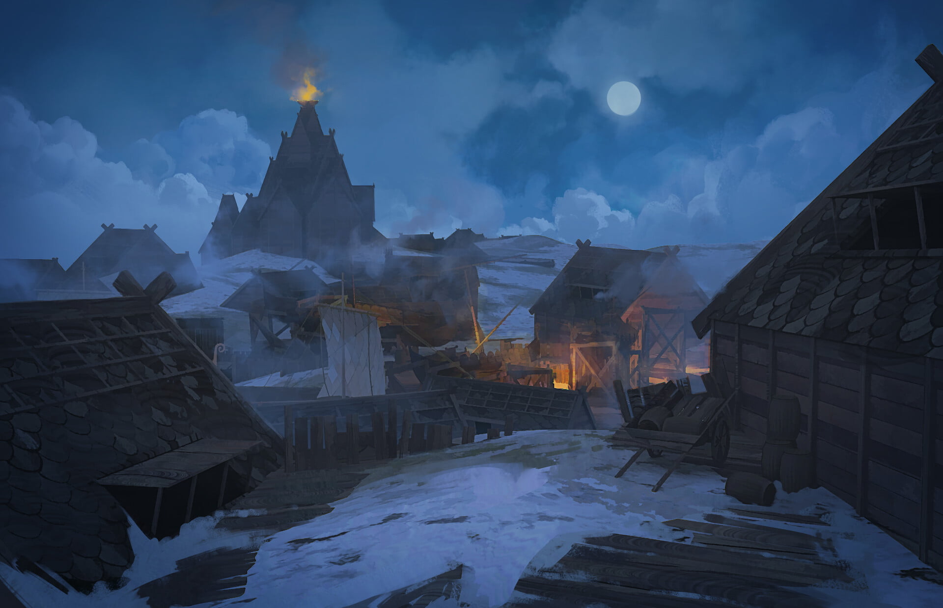 wood house, blue, nordic landscapes, environment, landscape, 1080P, concept art, Roman Kuteynikov, Roman Kupriianov, HD Wallpaper