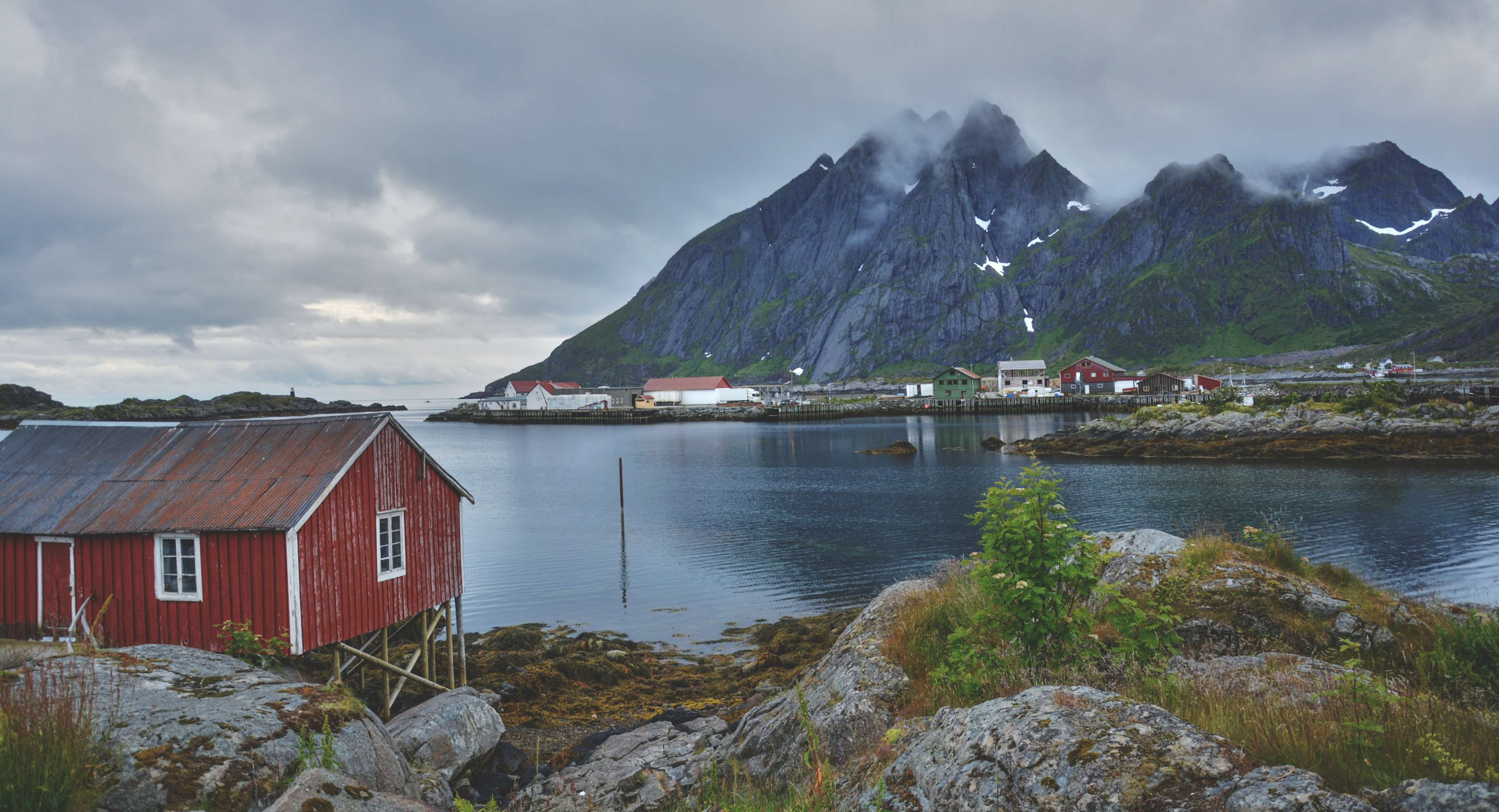 environment, cloudy, lake, island, built structure, win, scenic, landscape, lofoten, view, clouds, day, nordic, house, water, sea, outdoors, scenics - nature, HD Wallpaper